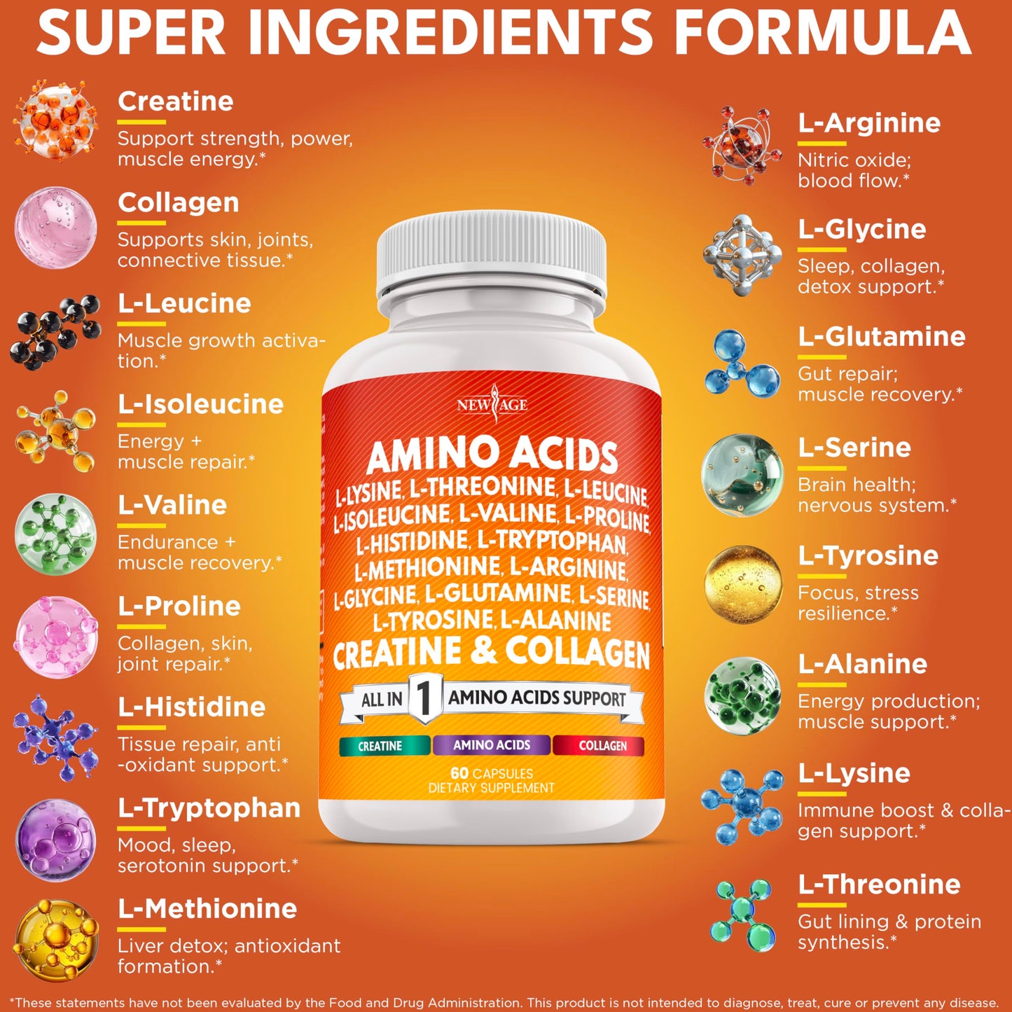 NEW AGE Amino Acids Supplement L-Lysine, L-Threonine, L-Leucine, Isoleucine, Valine, L-Histidine, L-Tryptophan, L-Methionine, L-Arginine, L-Cysteine, L-Glutamine, L-Serine, Aspartic Acid, Capsules, 60 Count