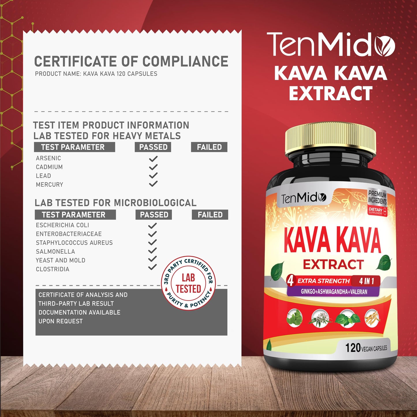 Tenmido Kava Kava Supplement Extract, 120 Capsules