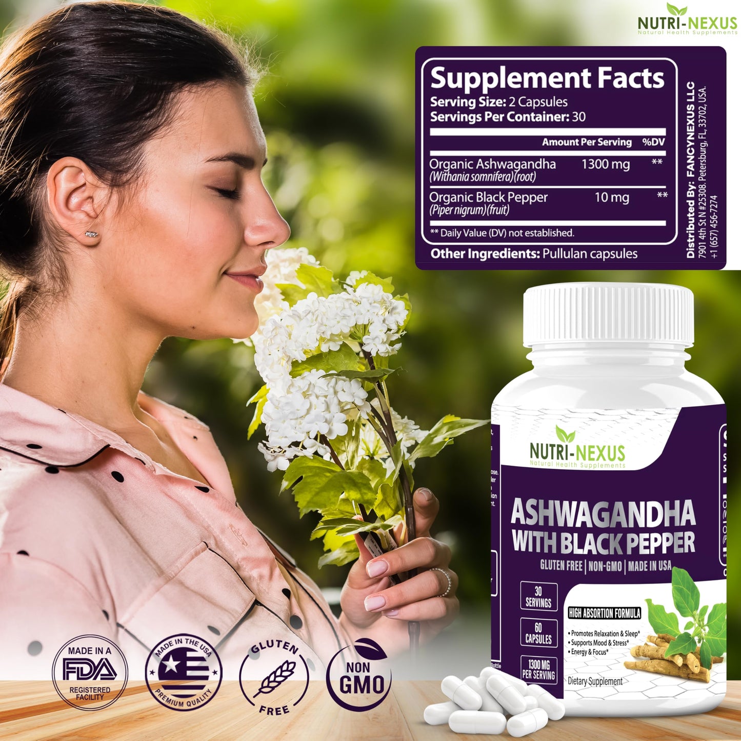 NUTRI-NEXUS Ashwagandha with Black Pepper 1300mg Organic Root Extract, 60 Capsules