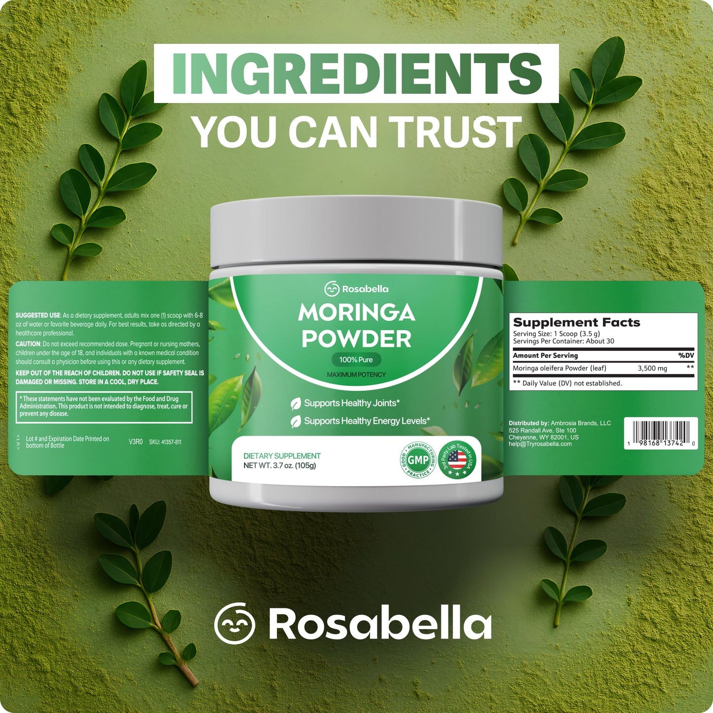 Rosabella Pure Moringa Powder 3.7 oz
