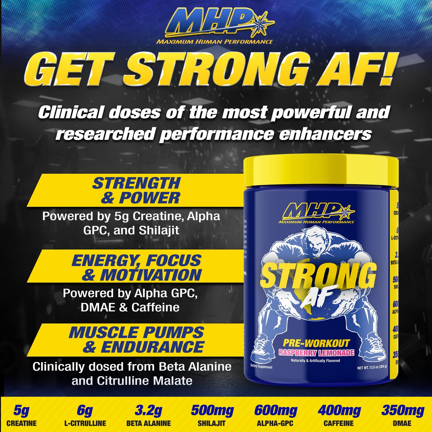 Maximum Human Performance Strong AF Pre-Workout Powder, 13.5 Ounces