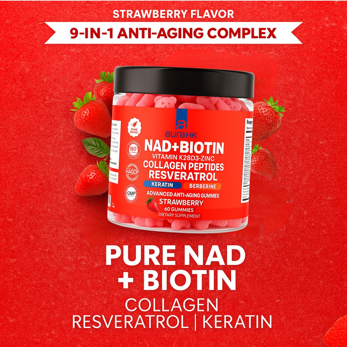 Aura HK NAD+Biotin, Resveratrol, Berberine & Anti-Aging Gummies, 120