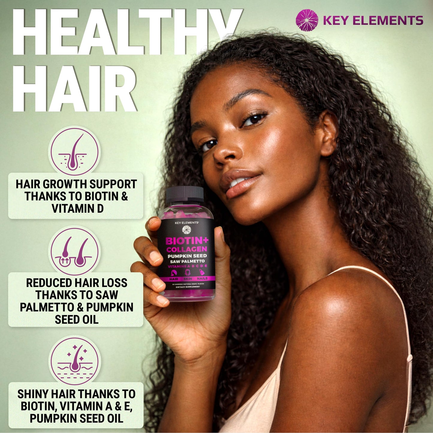 KEY ELEMENTS Hair Skin and Nails 10000mcg Biotin & Collagen, Gummy, 60 Count