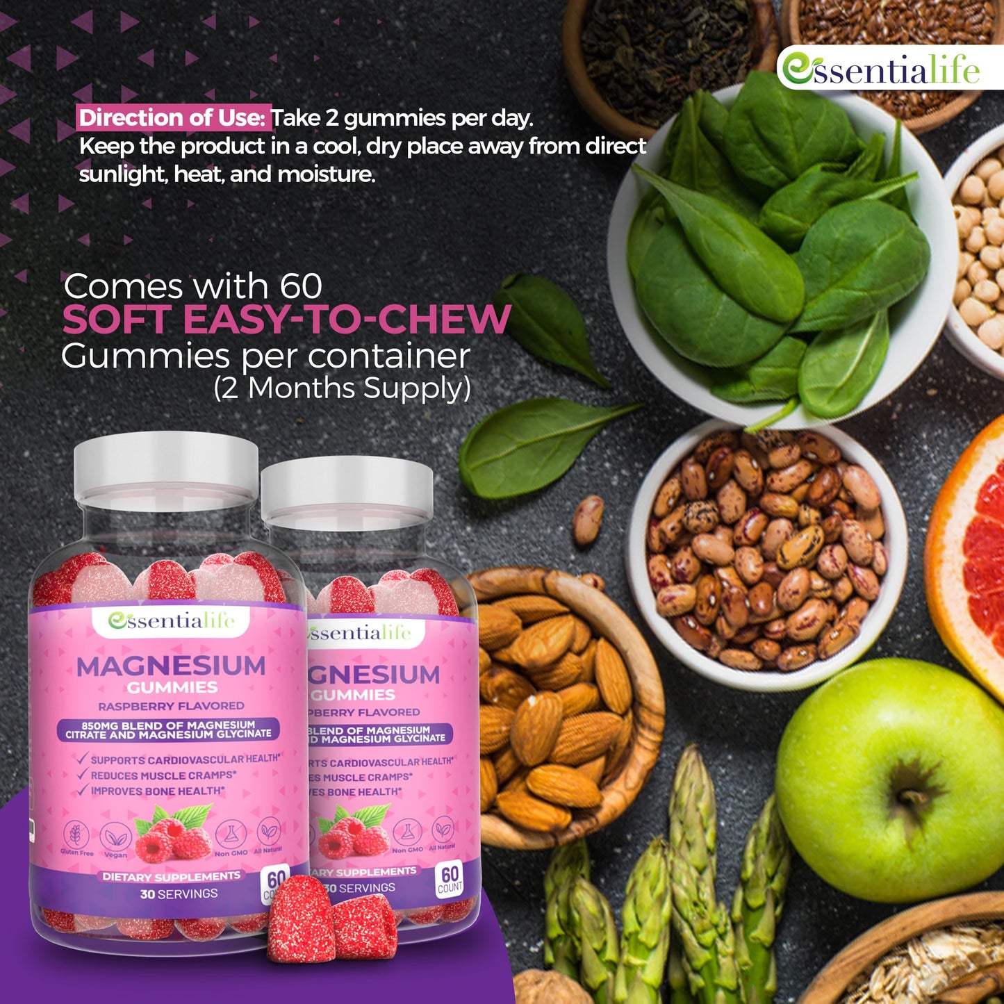 Essentialife Magnesium Gummies 100mg per serving, Magnesium Citrate & Glycinate Blend, Supports Sleep & Digestive Health, 120 Gummies