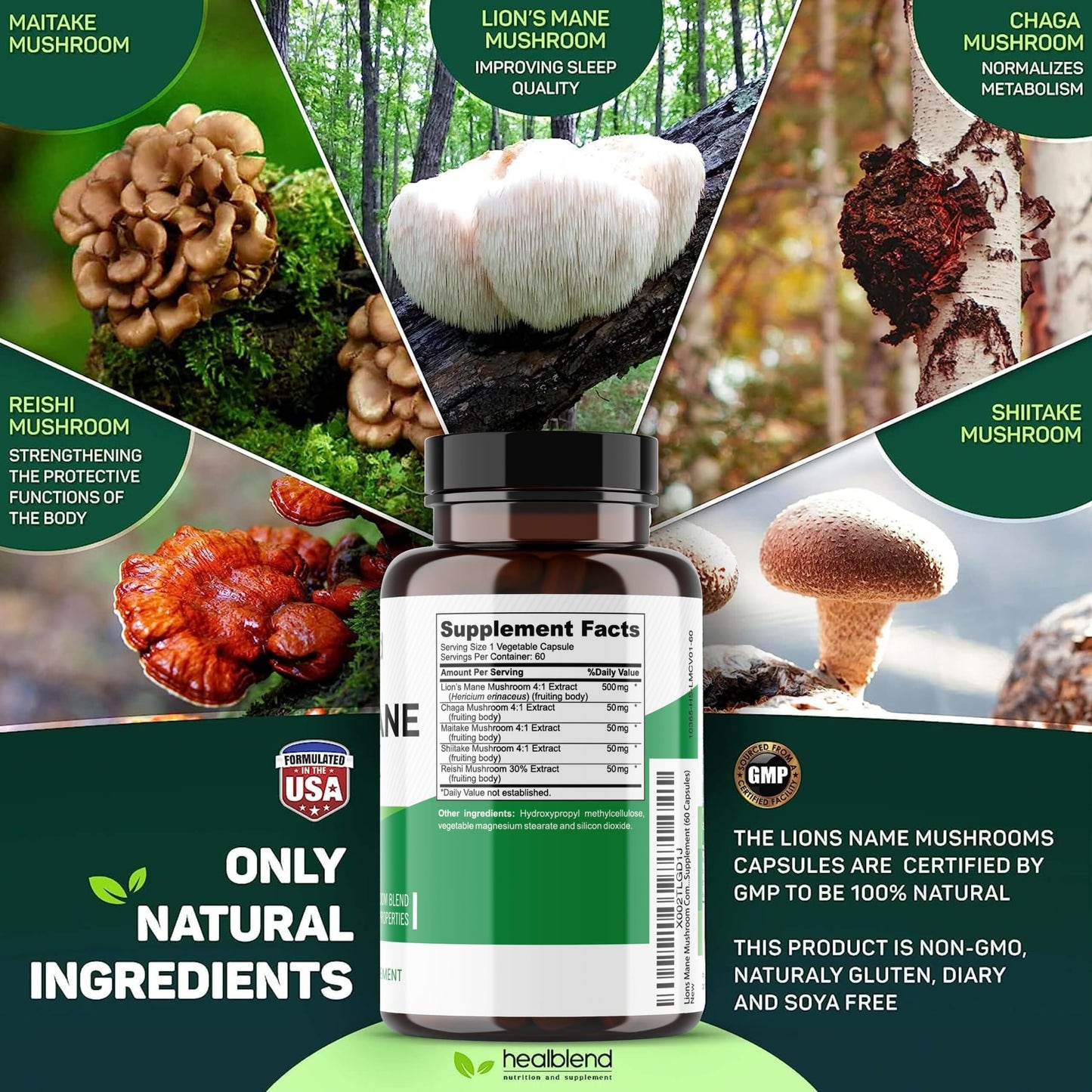 Healblend Mushroom Complex Extract with Lion's Mane Fruiting Body Capsules, 60 Count