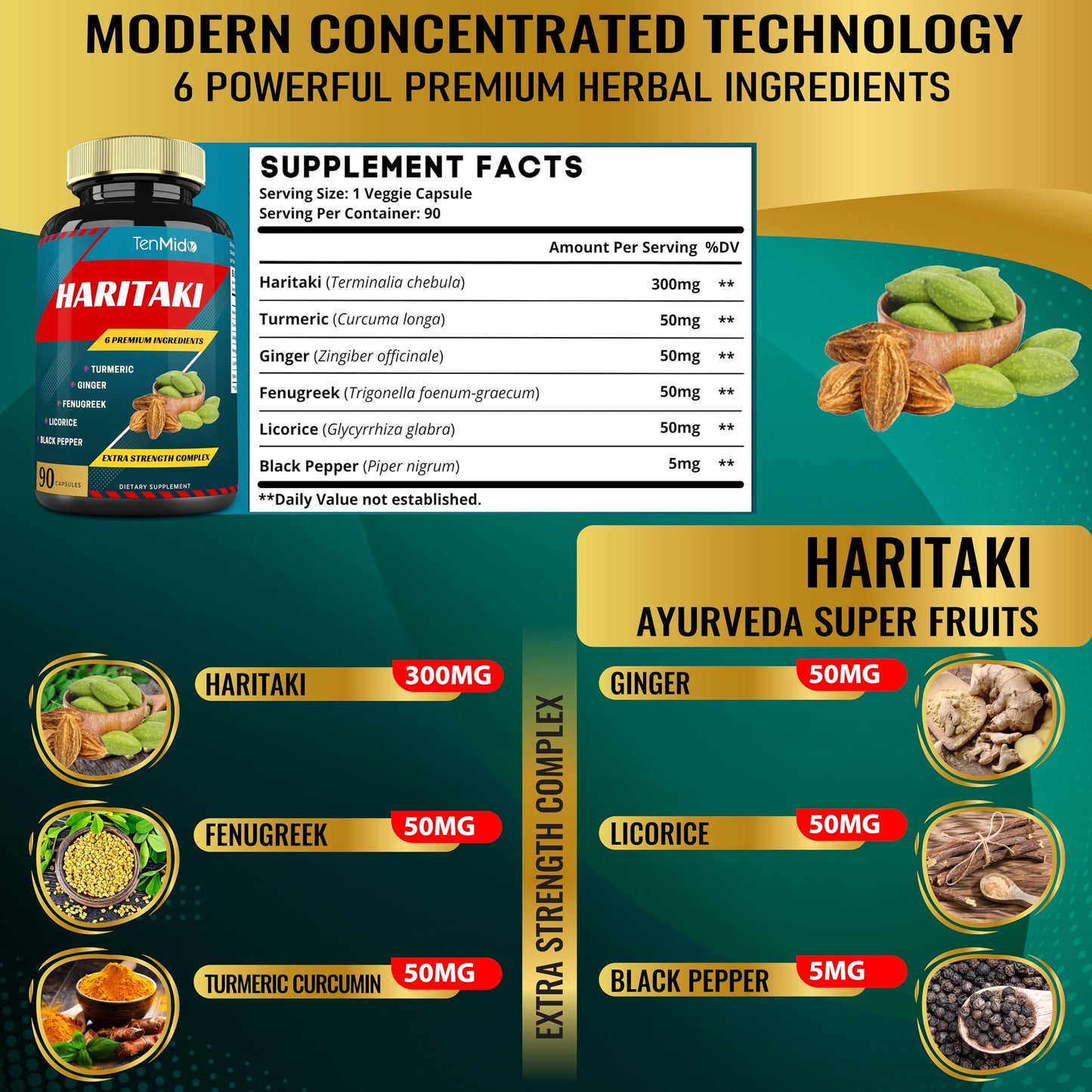Tenmido Haritaki Supplements Extract Capsules, 90 Count