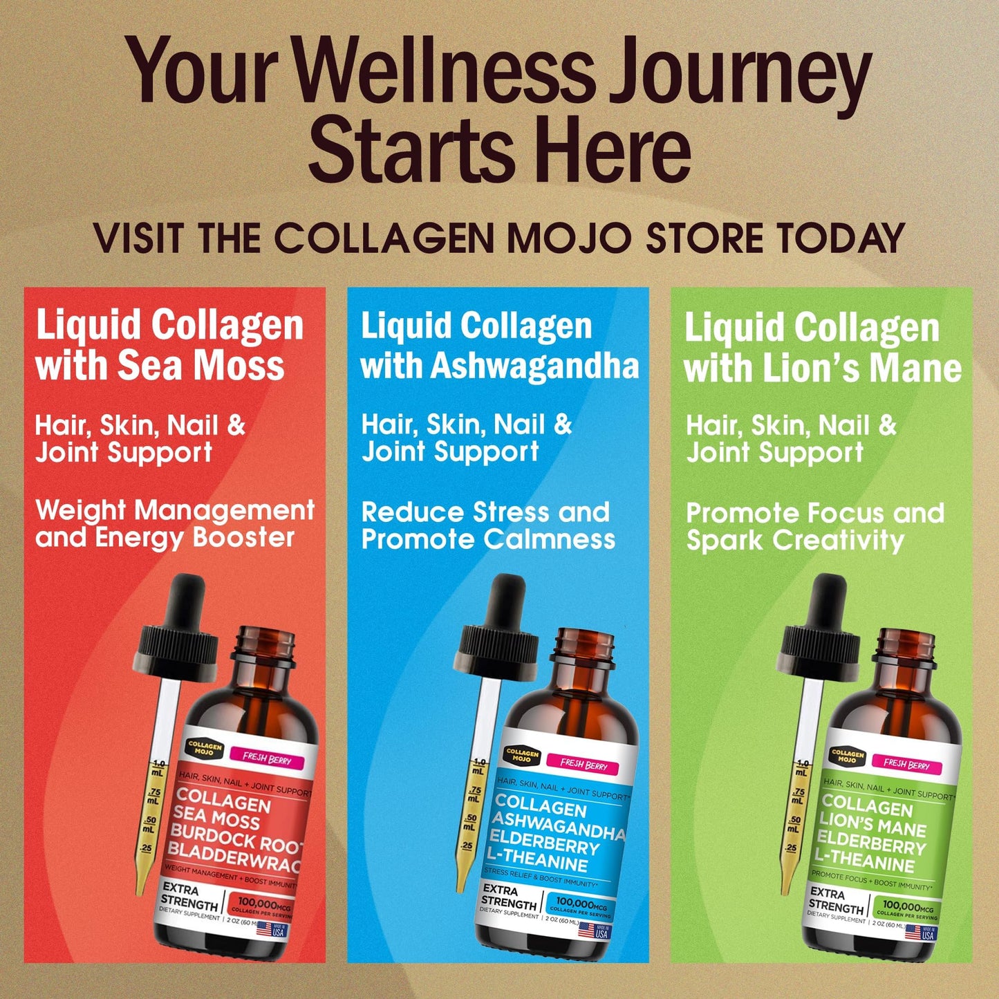 Collagen Mojo Liquid Collagen Peptides with Sea Moss, Burdock Root & Bladderwrack and Liquid Collagen Peptides with Ashwagandha, Elderberry & L-Theanine, 1