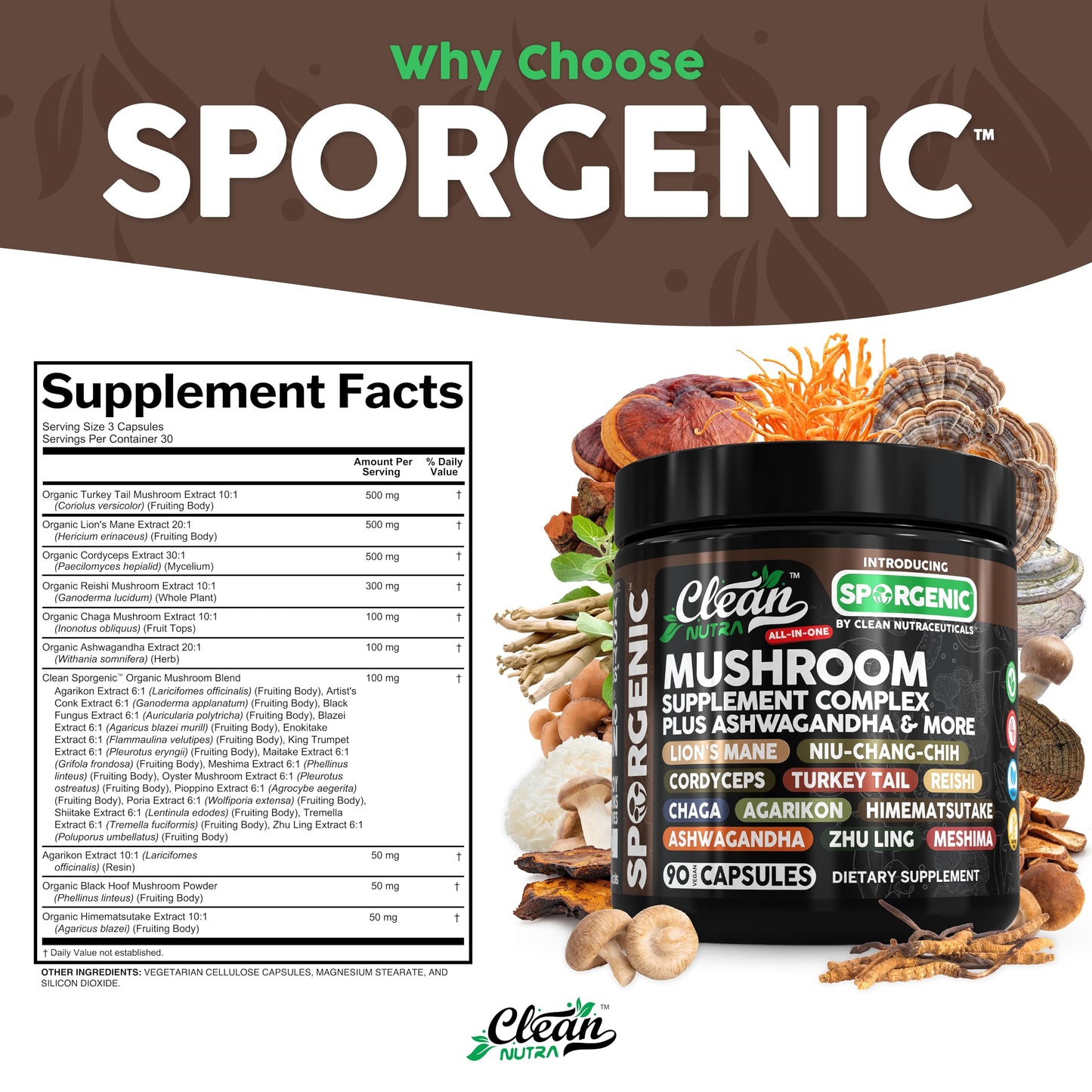 Clean Nutraceuticals Organic Mushroom Supplement with Ashwagandha Lions Mane Cordyceps Turkey Tail Reishi Mushrooms Maca Root Black Hoof Chaga Tremella Agarikon Shiitake Oyster Powder Capsules 90 Count