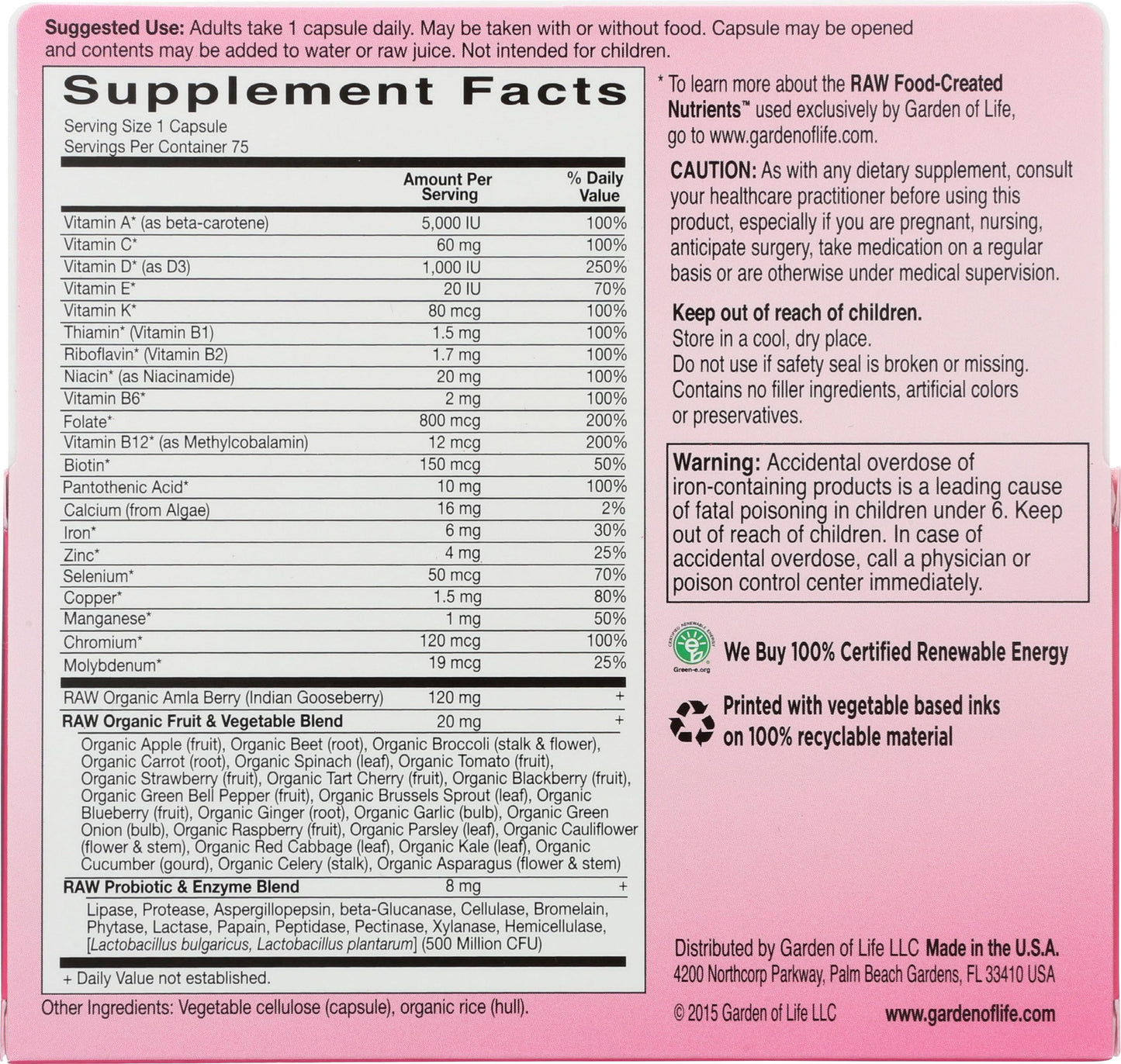 Garden of Life Vitamin Code Raw One for Women Tablets, 75 Count
