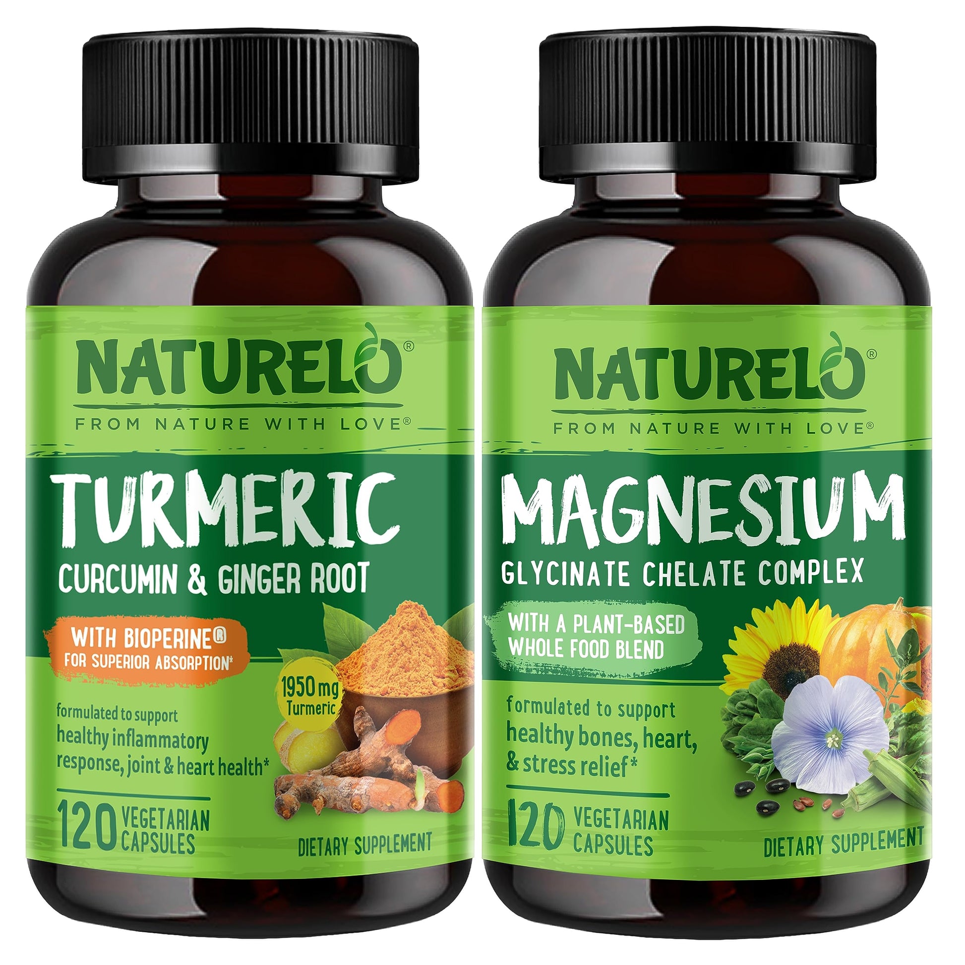 NATURELO Turmeric Curcumin, Plant Based Joint Support, Magnesium Glycinate, 200 mg Magnesium - Gluten Free, Non-GMO, 120 Capsules