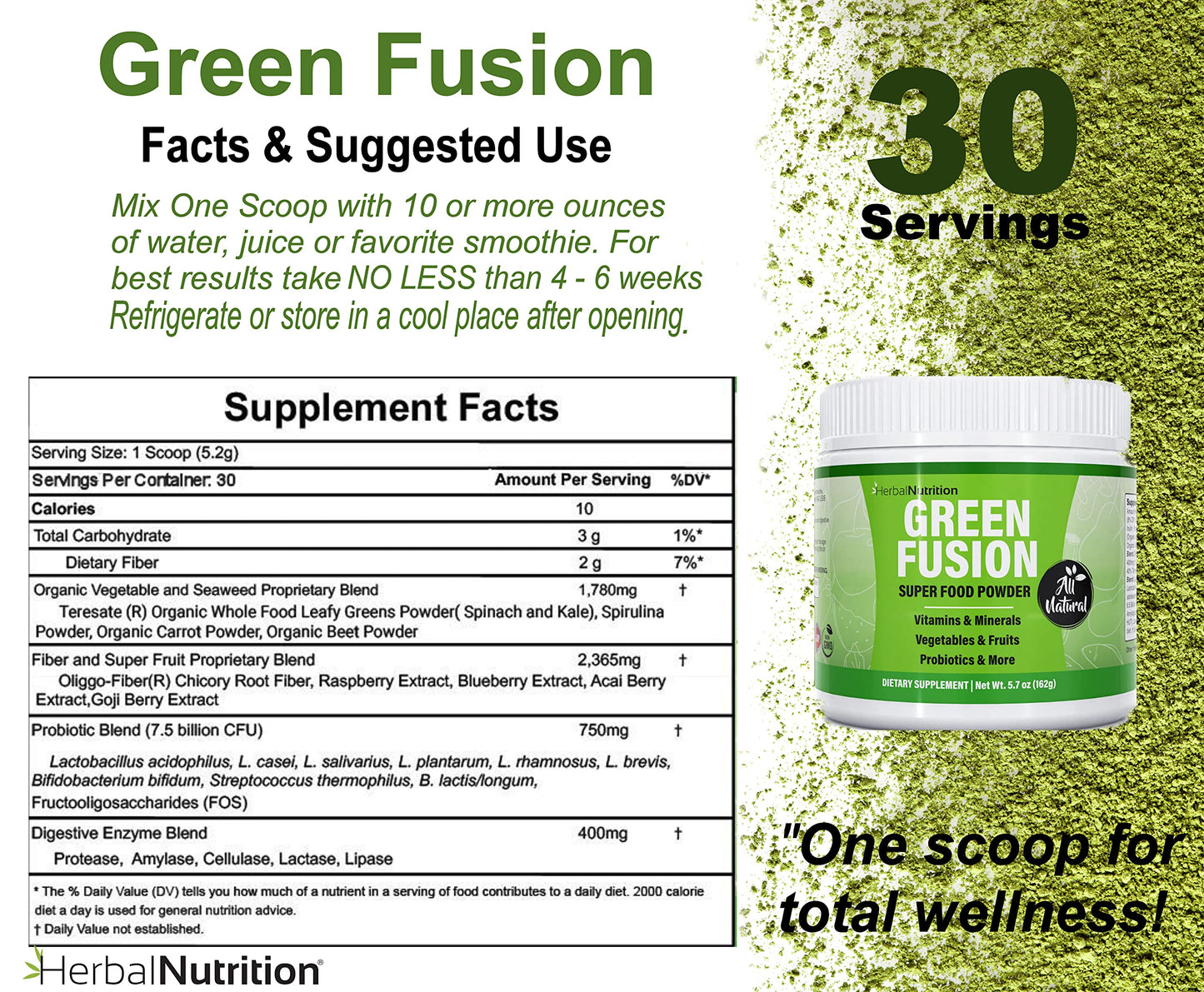 Herbal Nutrition Greens Powder Superfood Fruits & Vegetables Blend Probiotics & More 5.7 Ounce