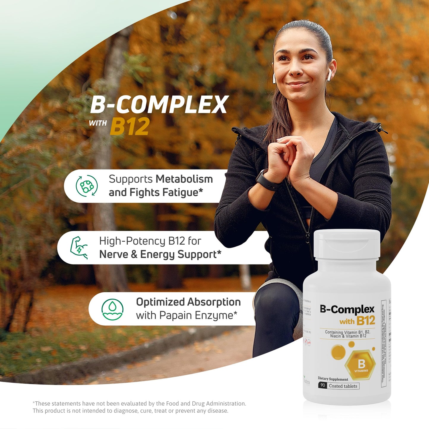 Nutra Nutrition B Complex with B12 Papaya Enzyme Energy Support Tablets, 90 Count
