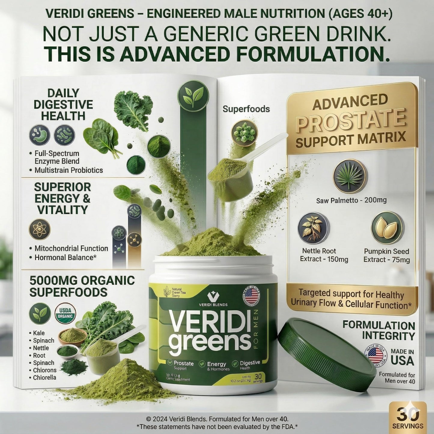 Veridi Blends Greens for Men 40+ Powder, 10.5 oz