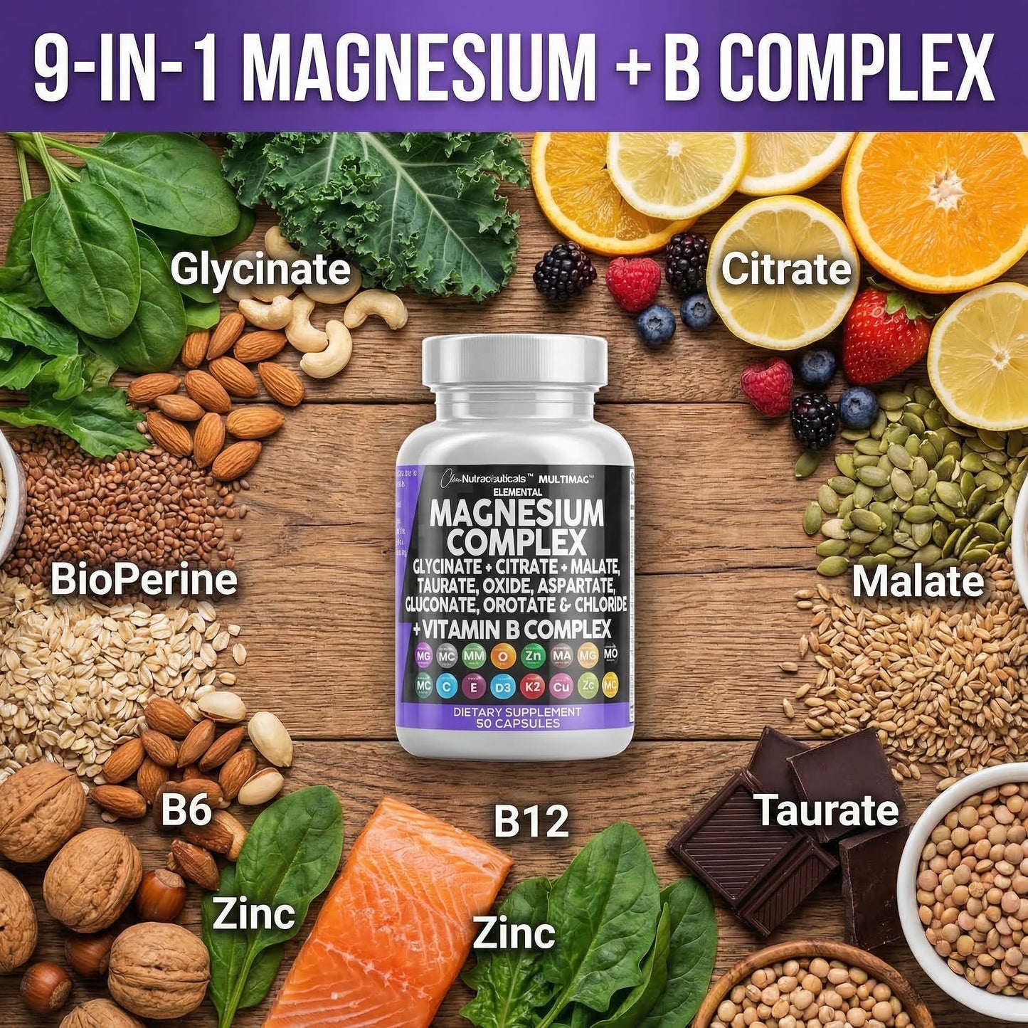 Clean Nutraceuticals Magnesium Complex with Magnesium Glycinate Citrate Malate Oxide Taurate Aspartate Orotate & Mag Chloride, Zinc Copper Manganese & Vitamin C B1 B2 B6 B12 Complex Capsules, 90 Count