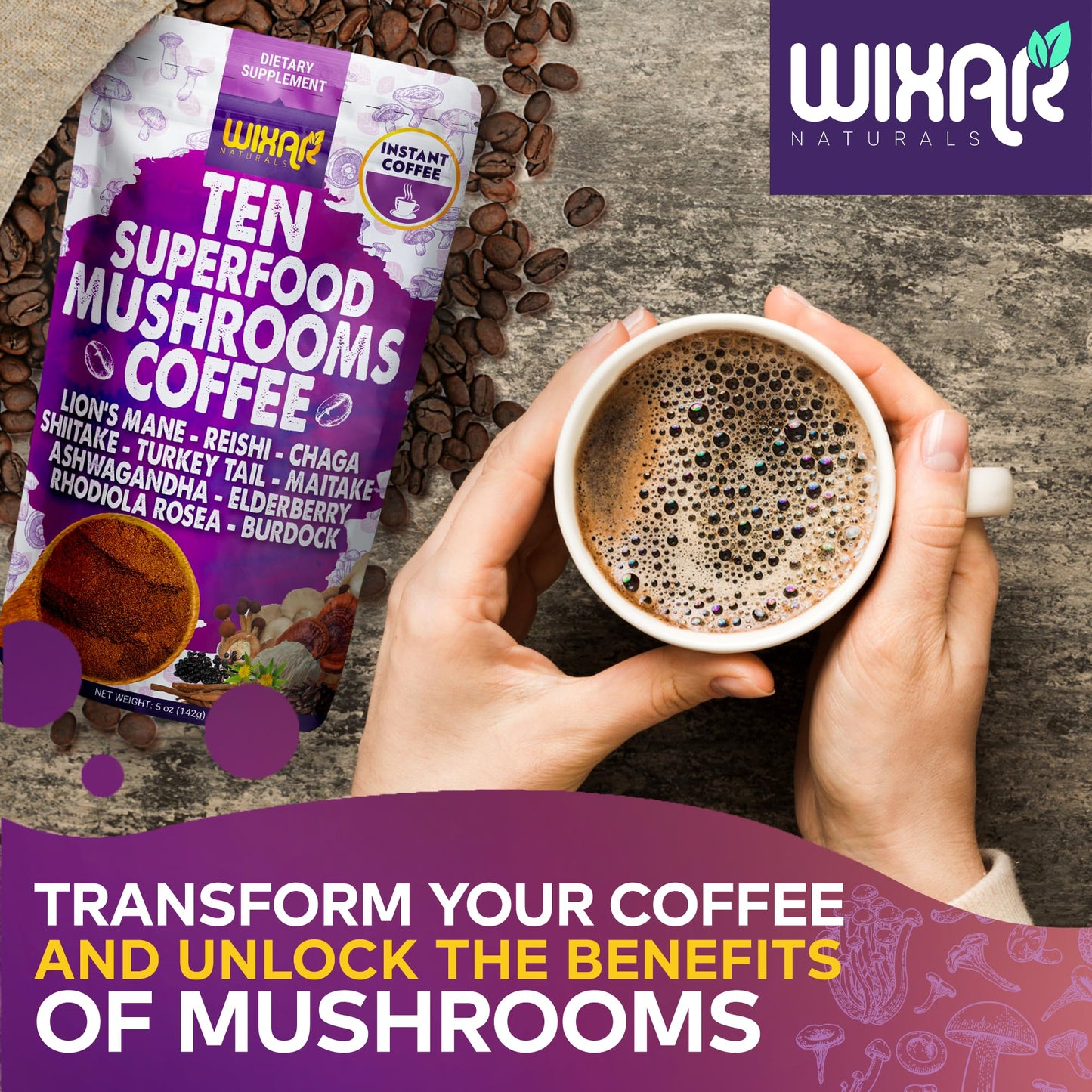 Wixar Naturals Superfood Mushroom Coffee Powder 5 oz
