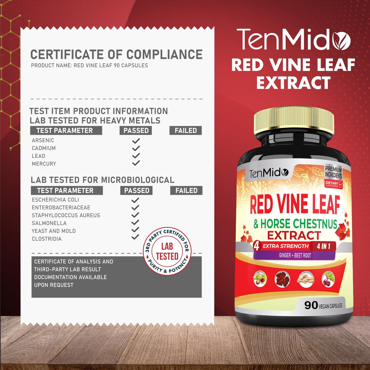 Tenmido Red Vine Leaf Extract Capsules with Horse Chestnut, Beet Root, Ginger - Herbal Supplement for Heart, Leg Vein & Energy, 120 Capsules