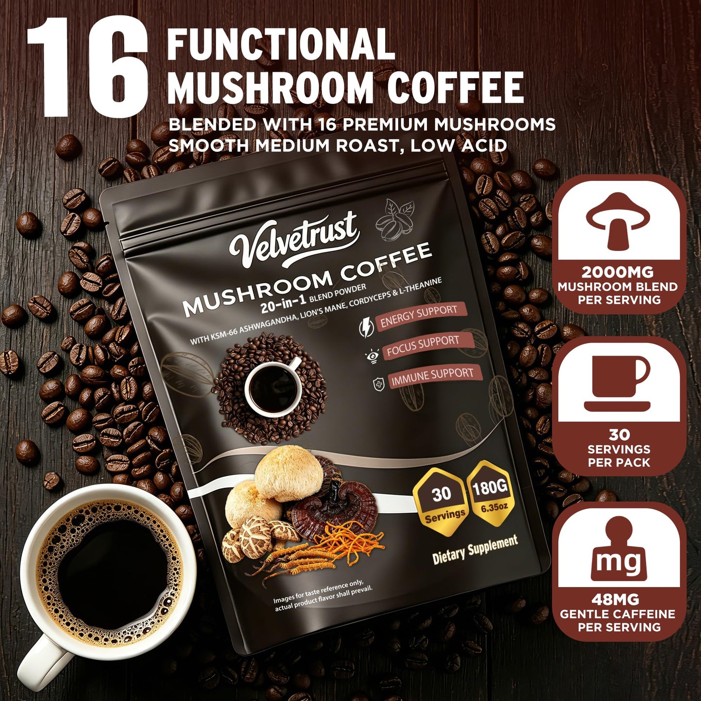 Velvetrust Mushroom Coffee 16-Mushroom Blend Powder, 6.35 Ounce