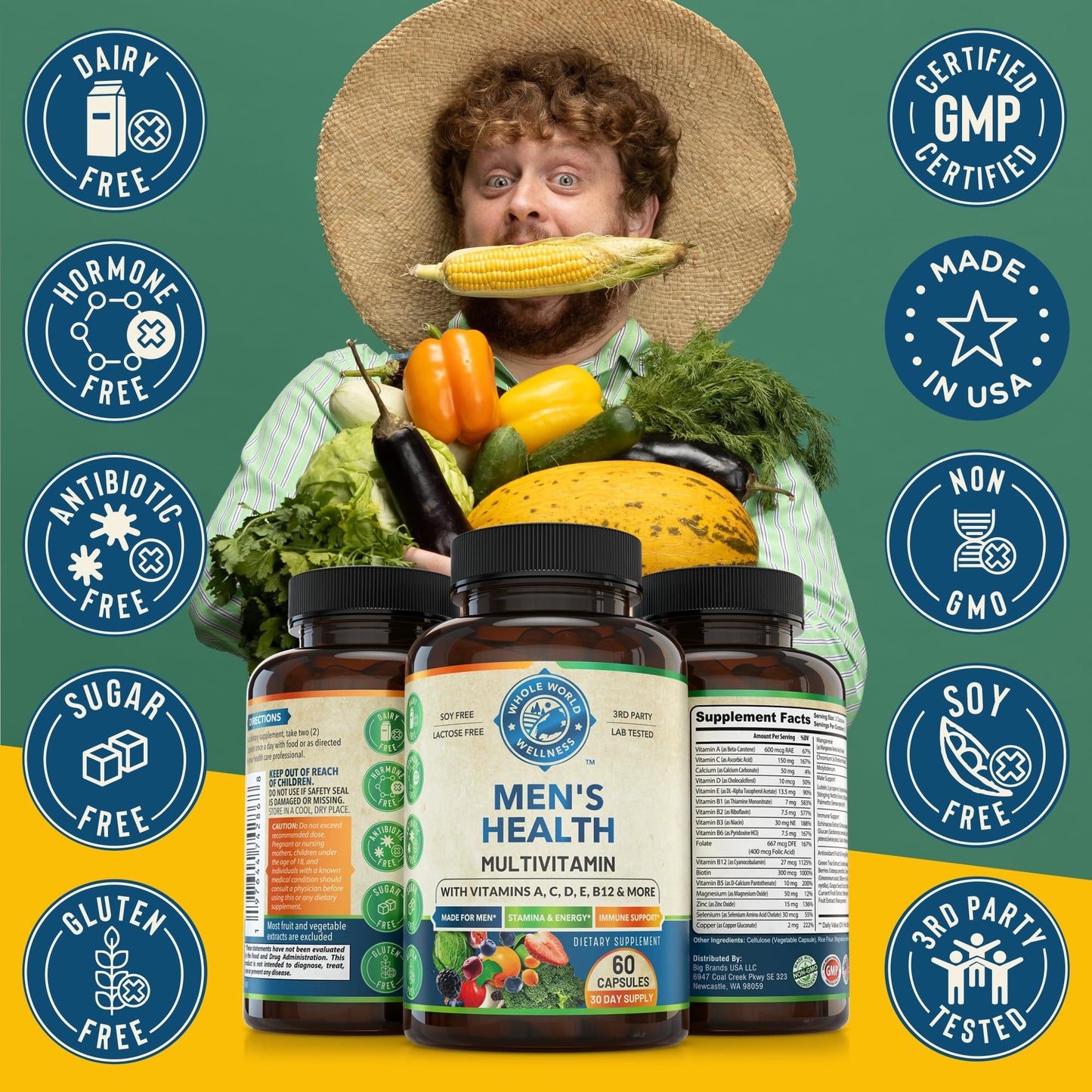 Whole World Wellness Mens Daily Multivitamin Multimineral Supplement for Energy, Focus, Stamina & Performance, Capsule, 60 Count