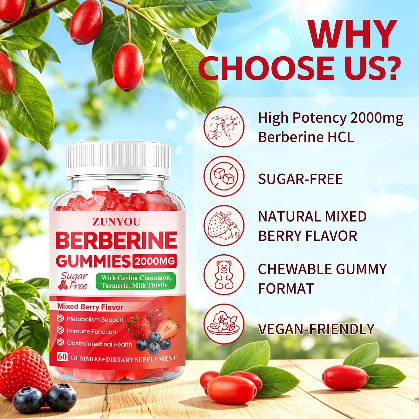 ZUNYOU Berberine Gummies 2000mg with Ceylon Cinnamon for Metabolism and Immune Support, Sugar Free, Vegan, Non-GMO, 60 Gummies