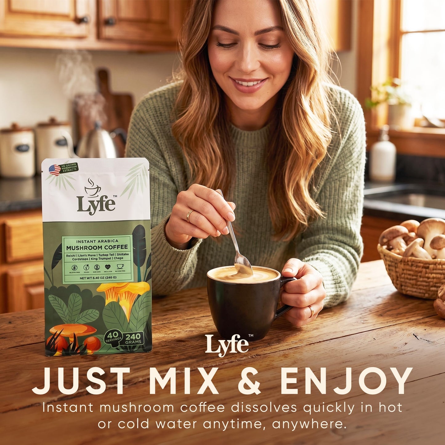 LYFE Organic Instant Mushroom Coffee Powder 8.47 Ounce