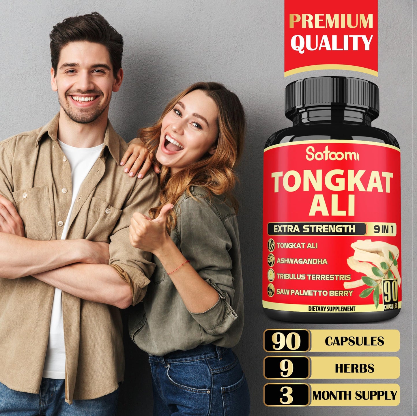 Satoomi 9in1 Tongkat Ali Root Extract - Ashwagandha, Tribulus Terrestris, Capsules, 90 Count