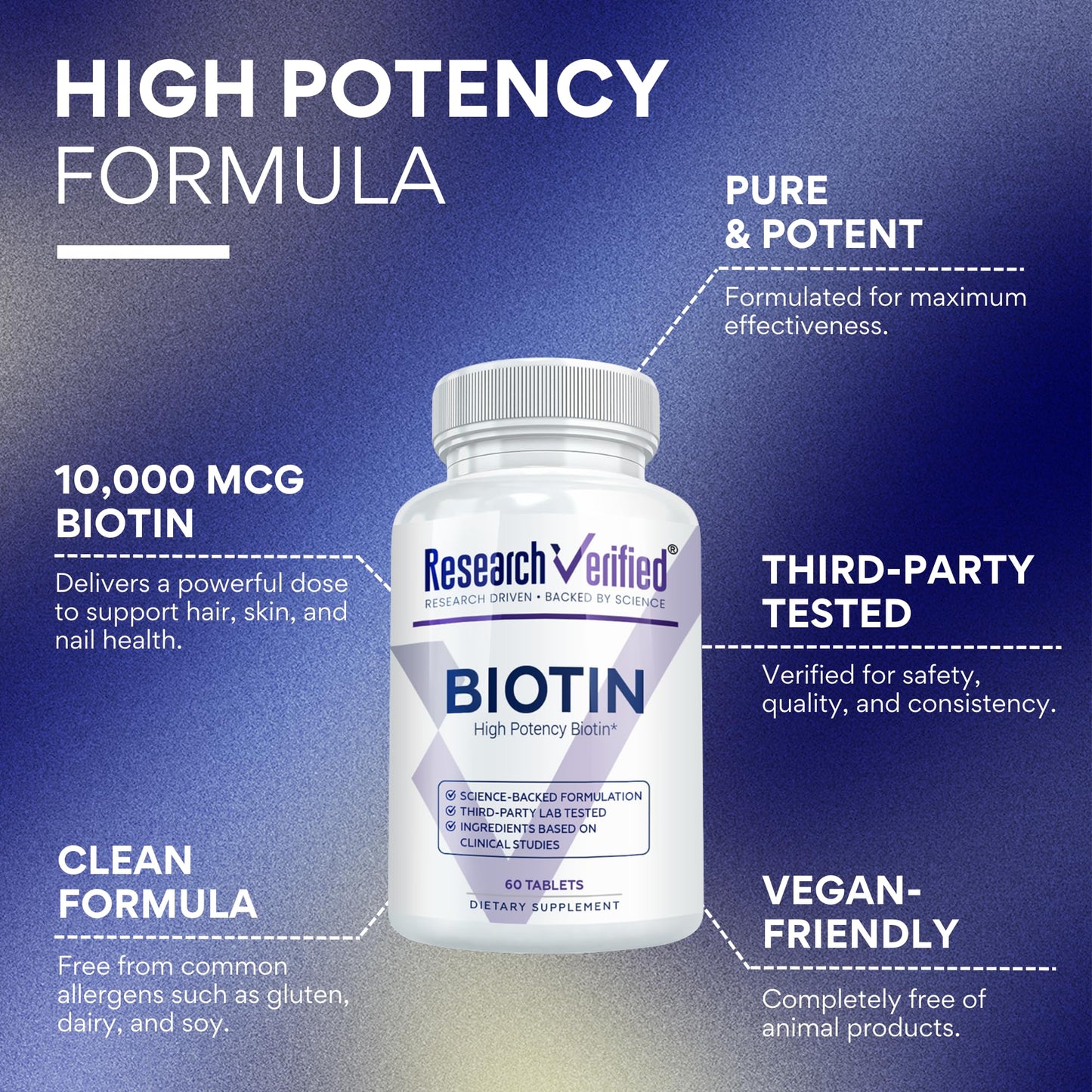 Research Verified Biotin – Pure Extra Strength Biotin 10000mcg – Hair Skin and Nails Vitamin – Third-Party Tested, Made in USA Tablet, 60 Tablets