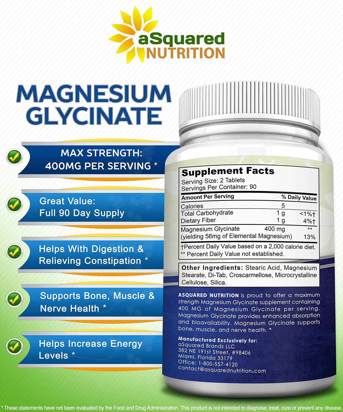 aSquared Nutrition Magnesium Glycinate 400mg Tablets 180 Count