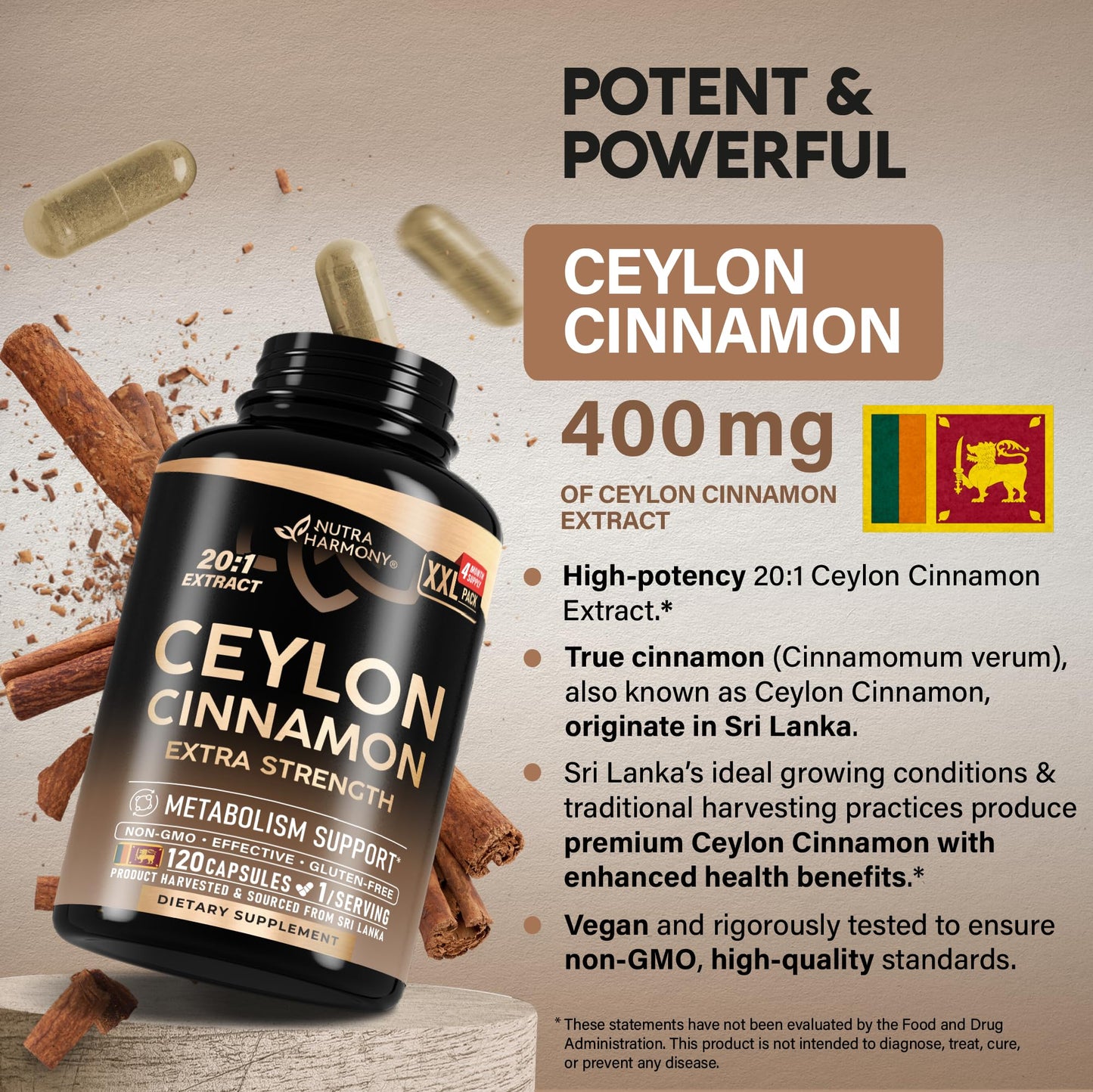 NUTRAHARMONY Ceylon Cinnamon Capsules 120 Count
