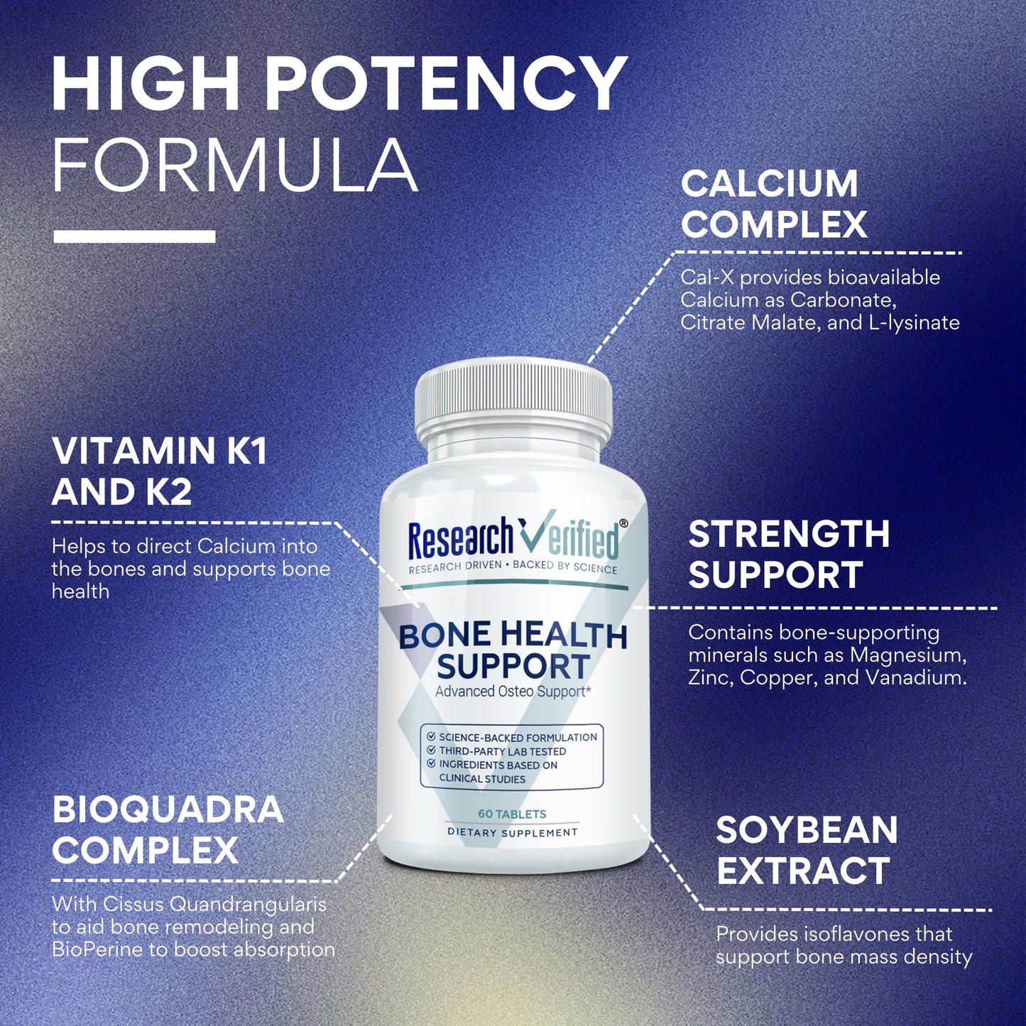 Research Verified Bone Health Support Tablet, Triple Calcium Complex with Vitamin D3, Vitamin K2, Soy Isoflavones, BioPerine, 60 Tablets