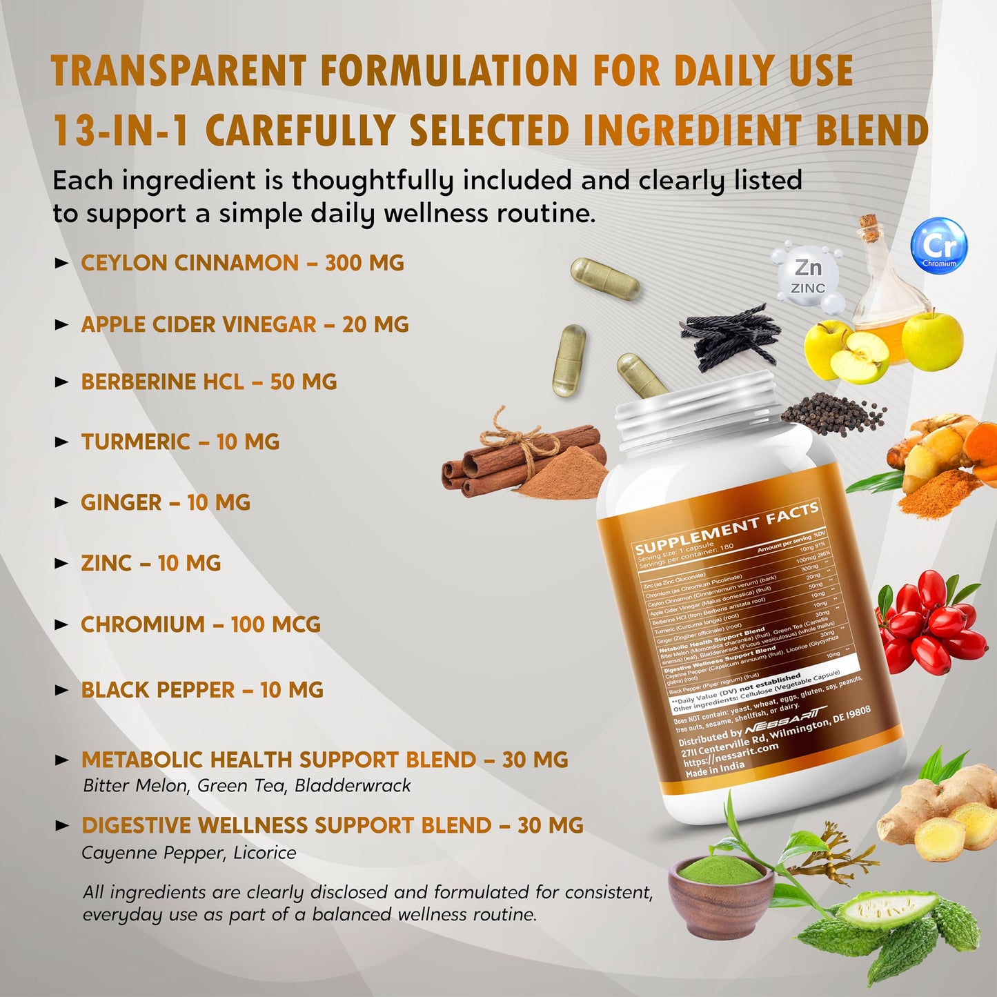 NESSARIT Ceylon Cinnamon Supplement Capsules 180 Count