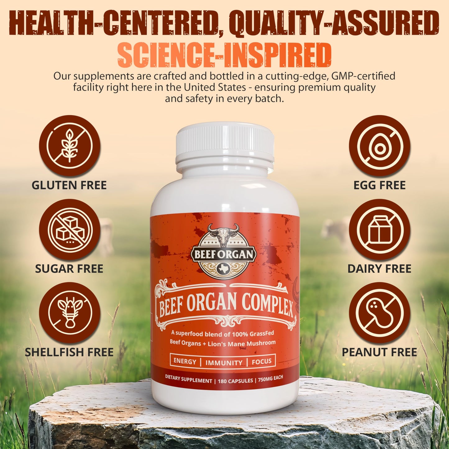 Ancient Diosa Grass Fed Beef Organ Complex 4000mg Supplement for Men & Women with Lion's Mane & Ceylon Cinnamon - Energy, Immunity & Focus - Pasture Raised, Third Party Tested & USA Made - 180 Capsules