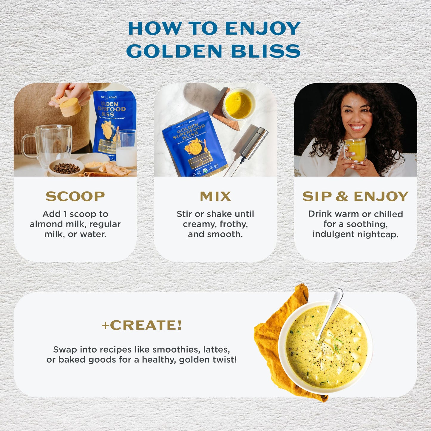Earth Echo Golden Bliss Organic Golden Milk with Turmeric and Ginger Powder, 30 Servings