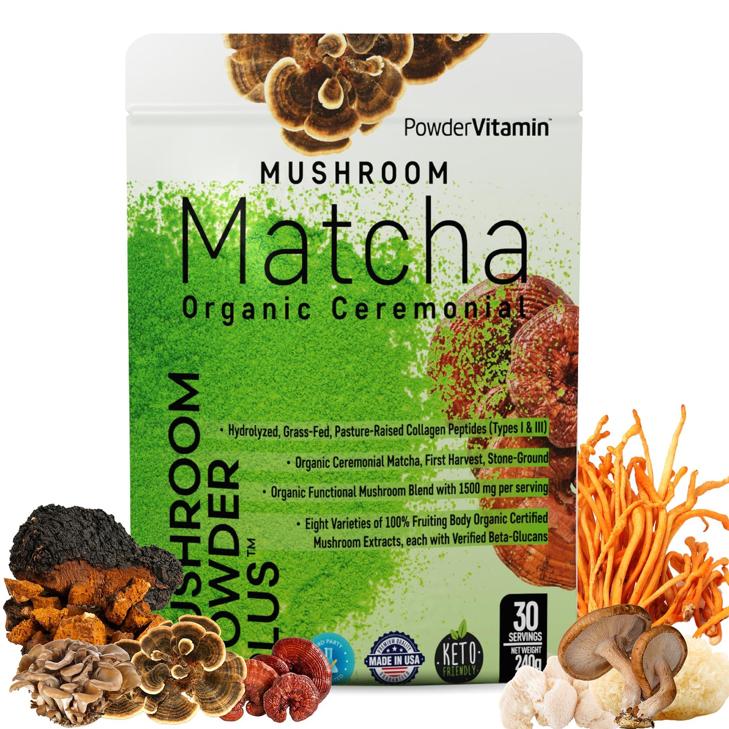 PowderVitamin Organic Ceremonial Mushroom Matcha Collagen Types I & III Powder 8.5 oz