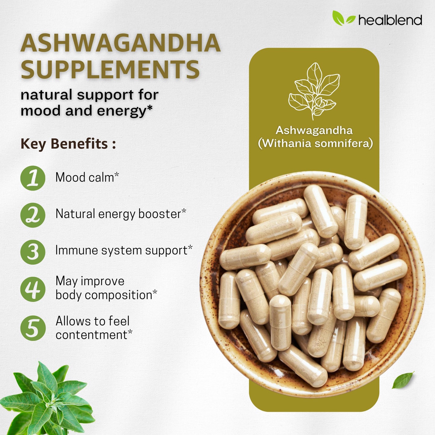 healblend Organic Ashwagandha 1300mg with Black Pepper Extract Capsules, 60 Count