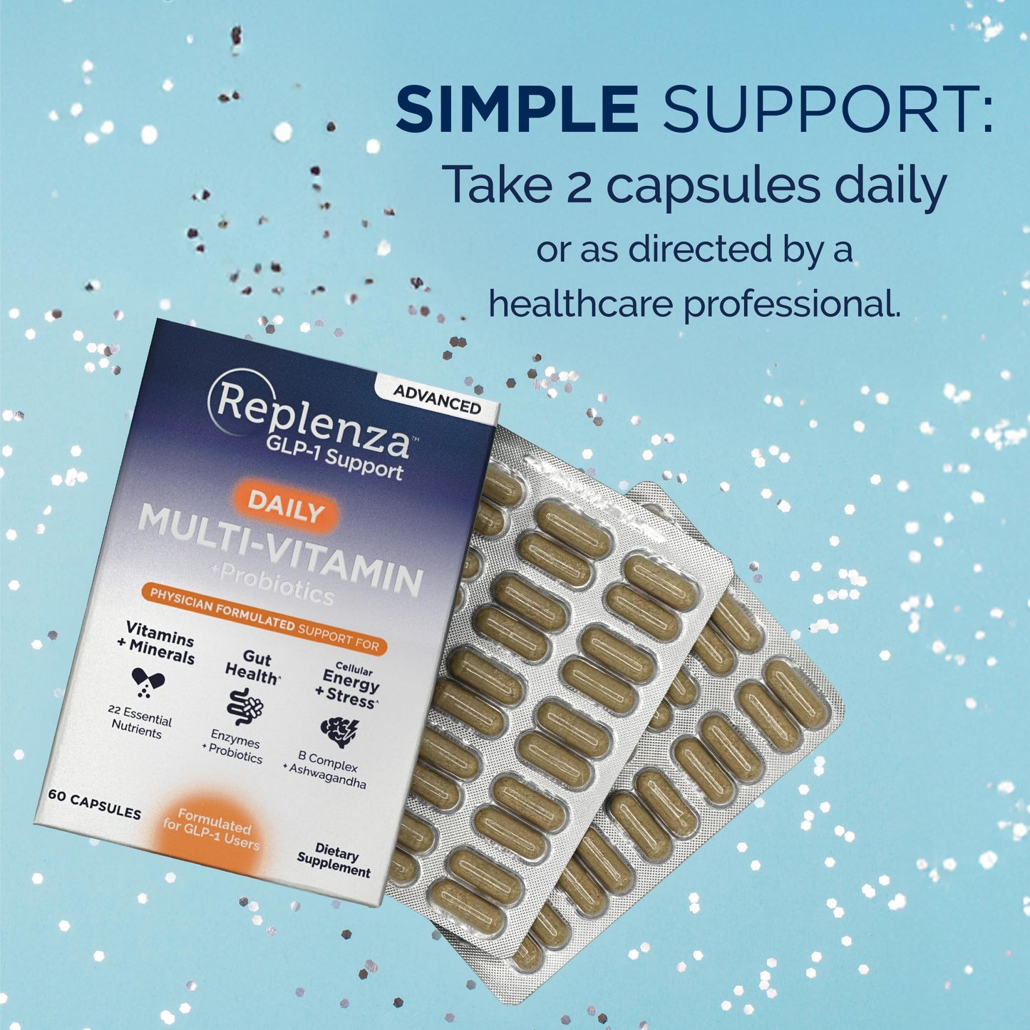 Replenza Advanced Formula Multivitamin – Daily Essential Vitamins and Minerals + Probiotics for GLP-1 Support, Gut Health, Stress & Cellular Energy Support Tablet, 1 Count