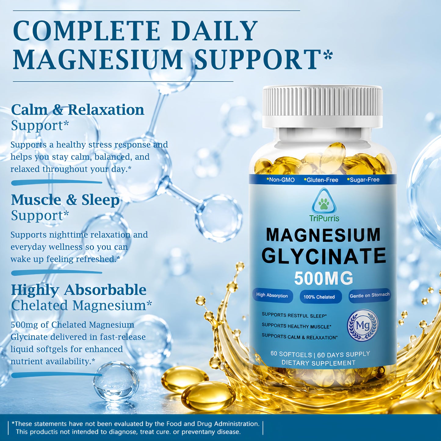 TriPurris Magnesium Glycinate 500mg Softgels, 60 Count