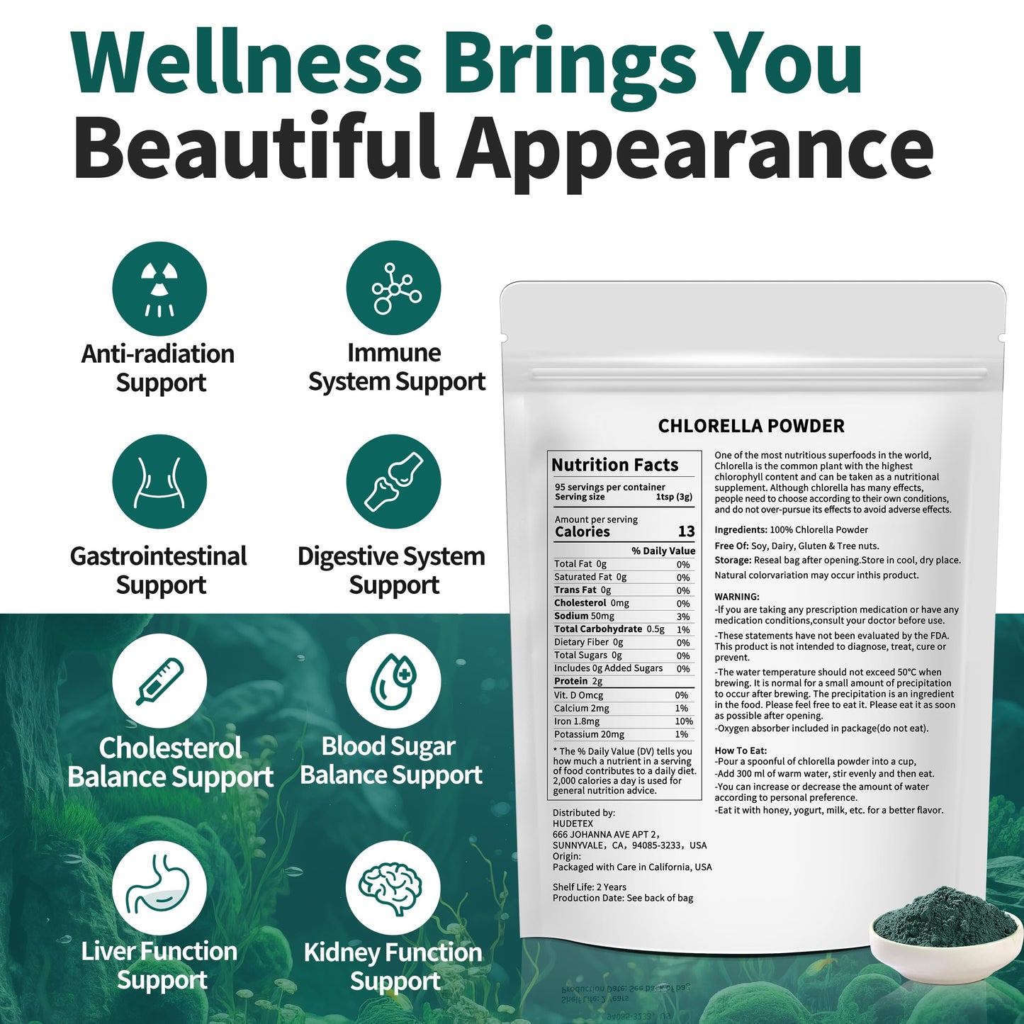 Hudetex Chlorella Powder 9.99 Ounce
