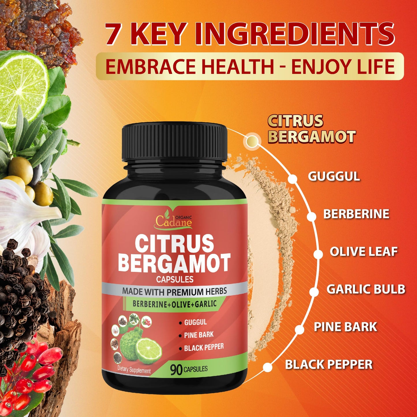 Organic Cadane Citrus Bergamot Supplement Extract Capsules, 90 Count