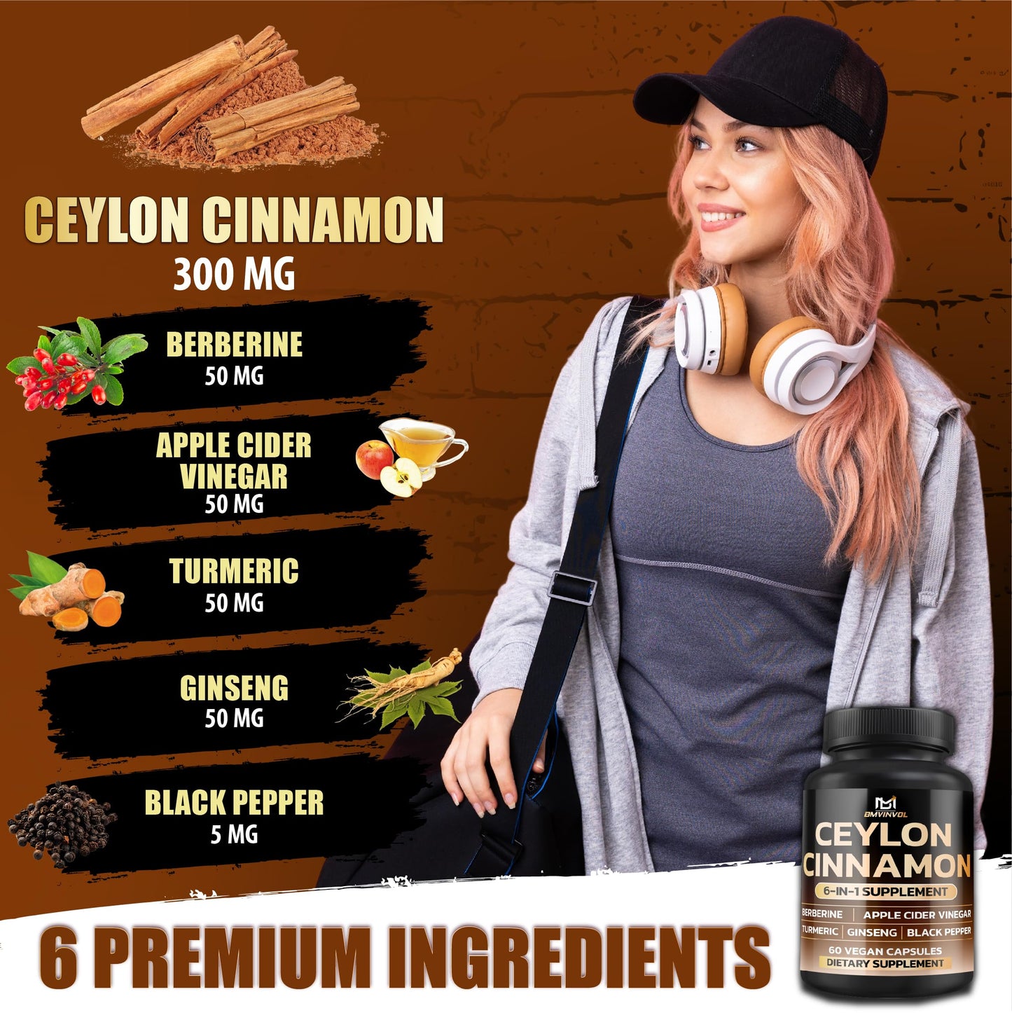 BMVINVOL Ceylon Cinnamon Capsules with Berberine HCl Supplement - Panax Ginseng, Apple Cider Vinegar, Turmeric Curcumin, 60 Capsules