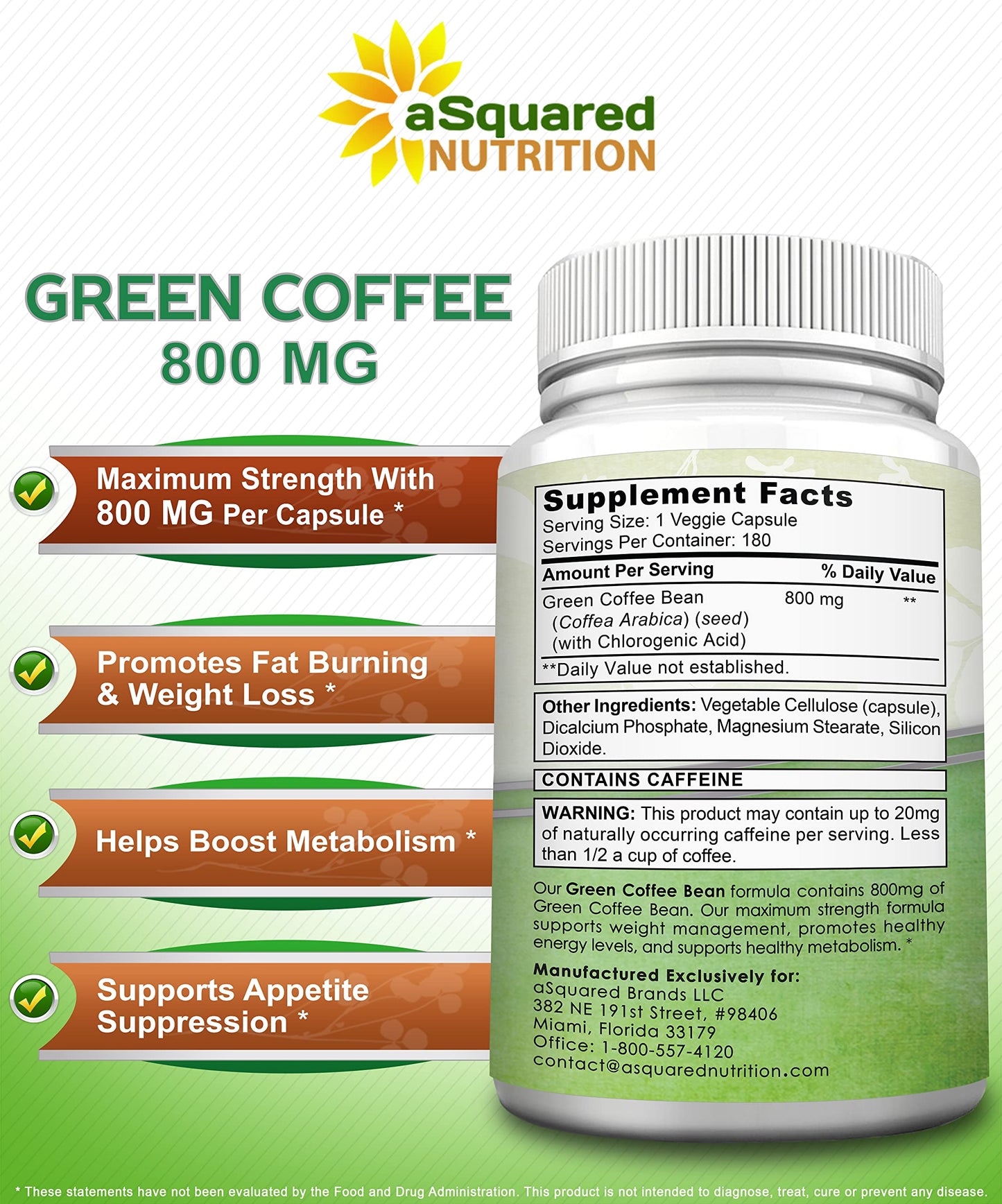 aSquared Nutrition Natural Green Coffee Bean Formula Capsules 180 Capsules