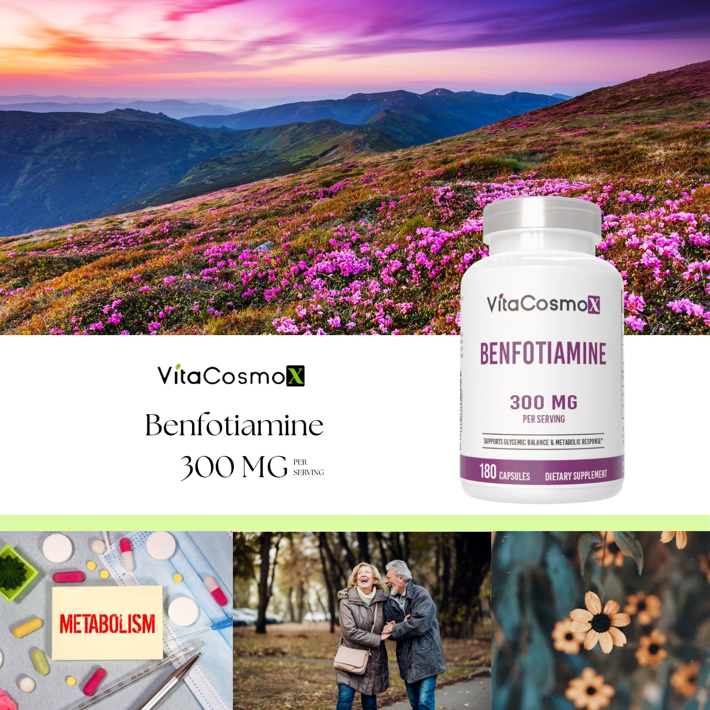 VitaCosmoX Benfotiamine 300mg Veggie Capsules, 180 Count