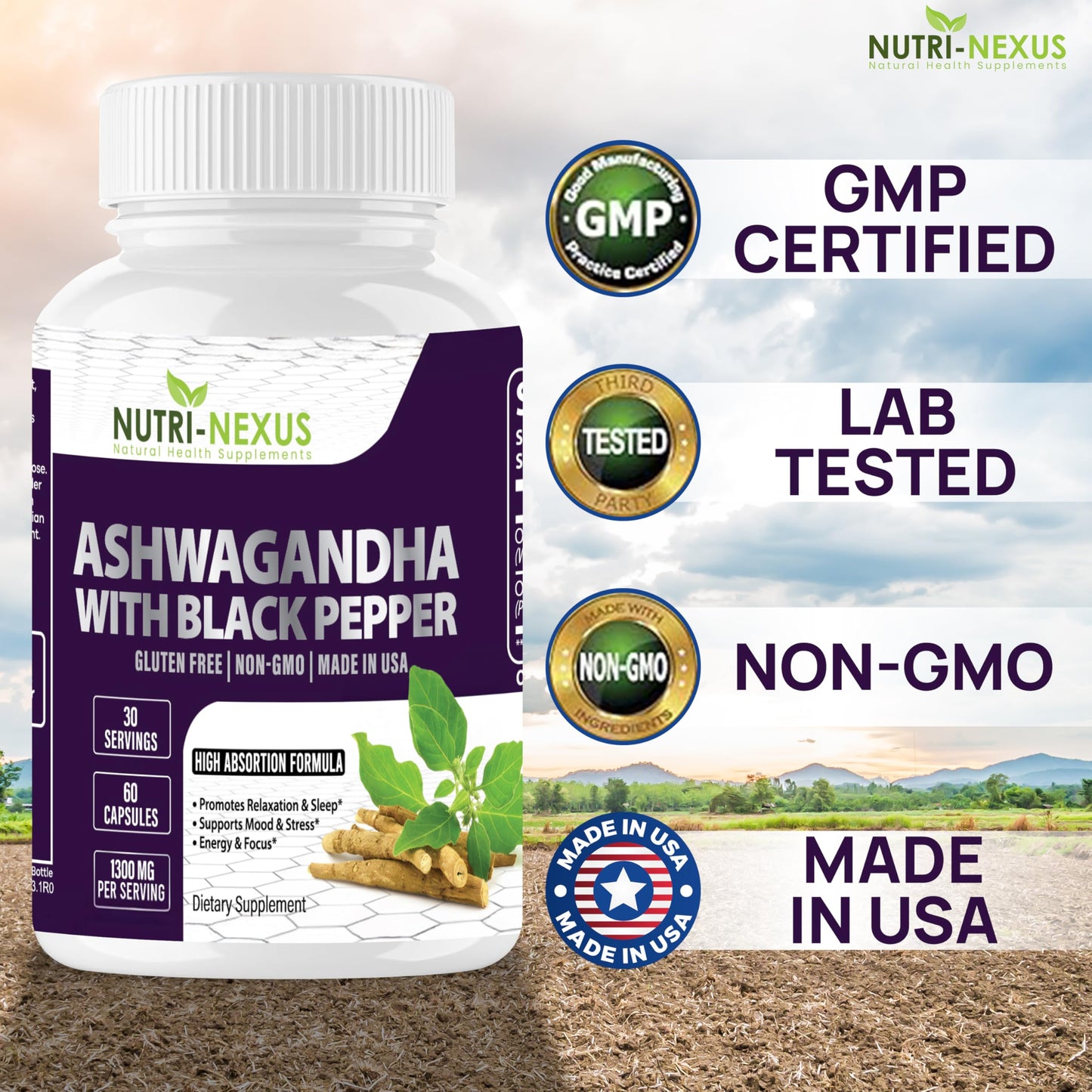 NUTRI-NEXUS Ashwagandha with Black Pepper 1300mg Organic Root Extract, 60 Capsules