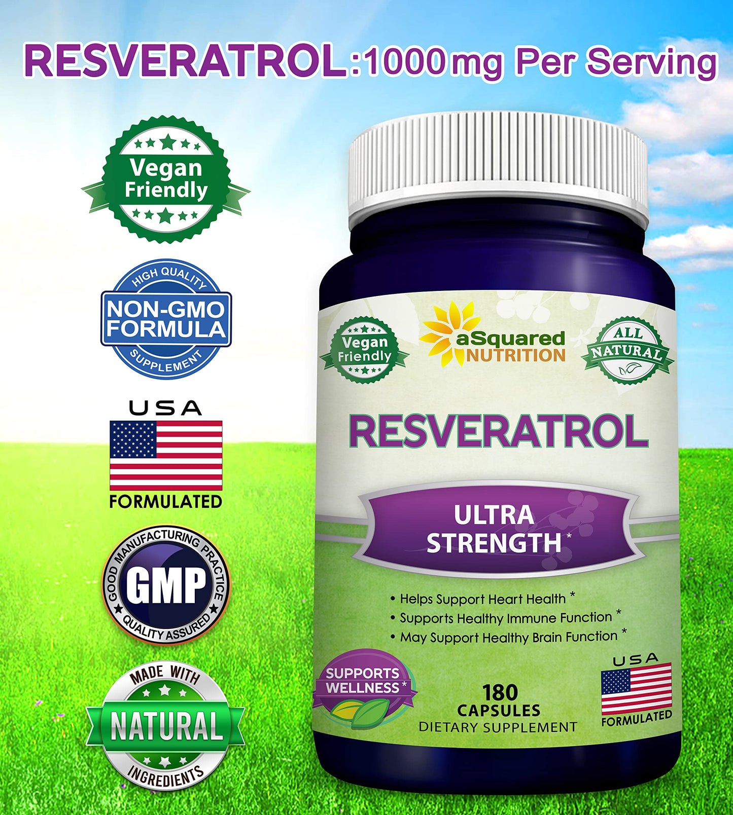 aSquared Nutrition Resveratrol 1000mg Capsules 180 Count