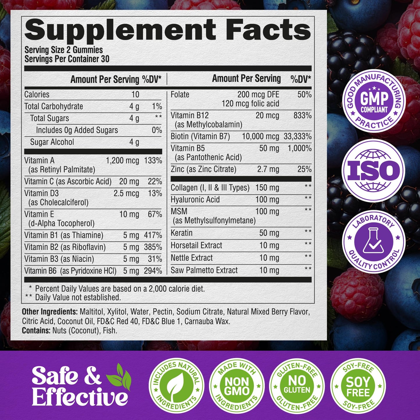 NUTRAHARMONY Biotin Gummies with Collagen for Hair, Skin & Nails - 10000mcg Biotin, Sugar-Free, Mixed Berry, 120 Gummies
