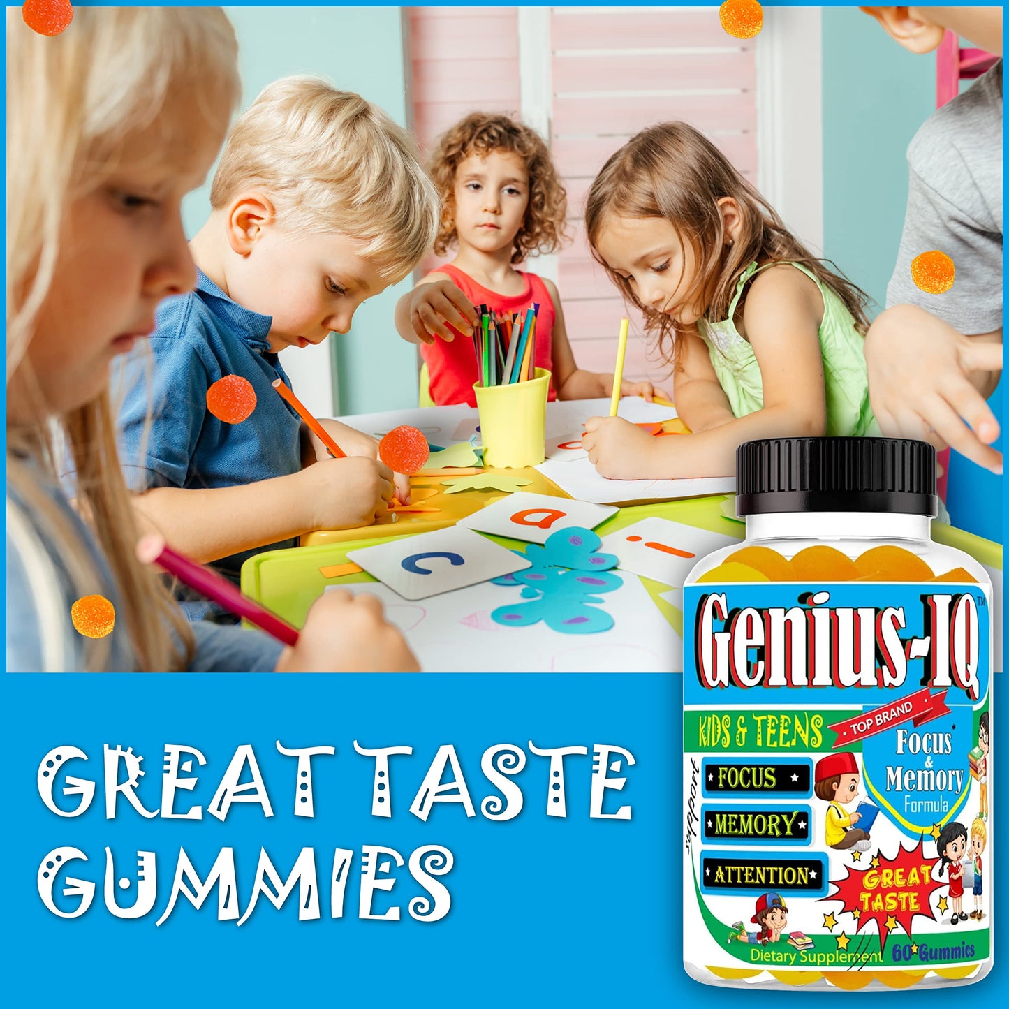 Celebrity LifeStyle Product Genius IQ Kids Brain Supplements for Memory and Focus Omega 3-6-9, EPA DHA Gummy Vitamins, 60 Gummies