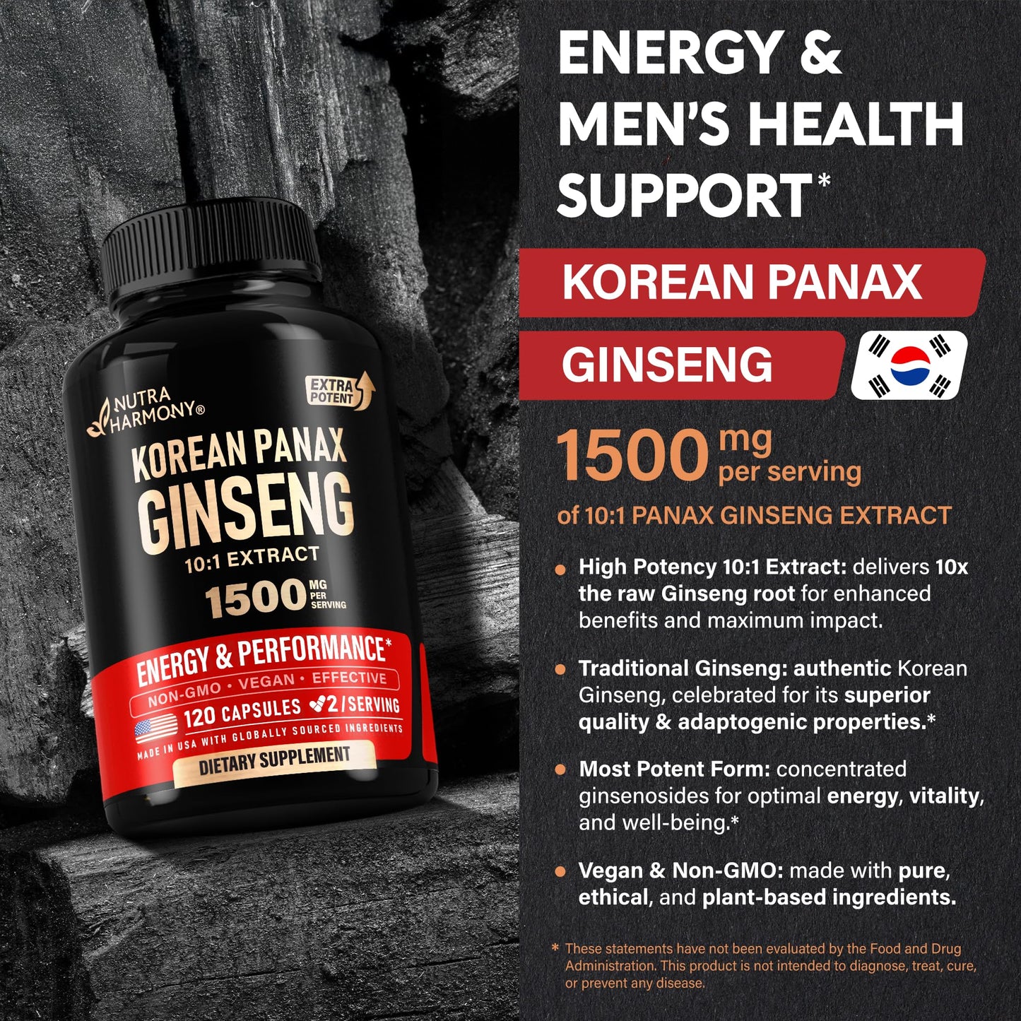 NUTRAHARMONY Panax Ginseng 1500 mg Red Korean Ginseng Supplement for Men Extra Strength 10:1 Extract Natural & Vegan Lab Tested 120 Capsules