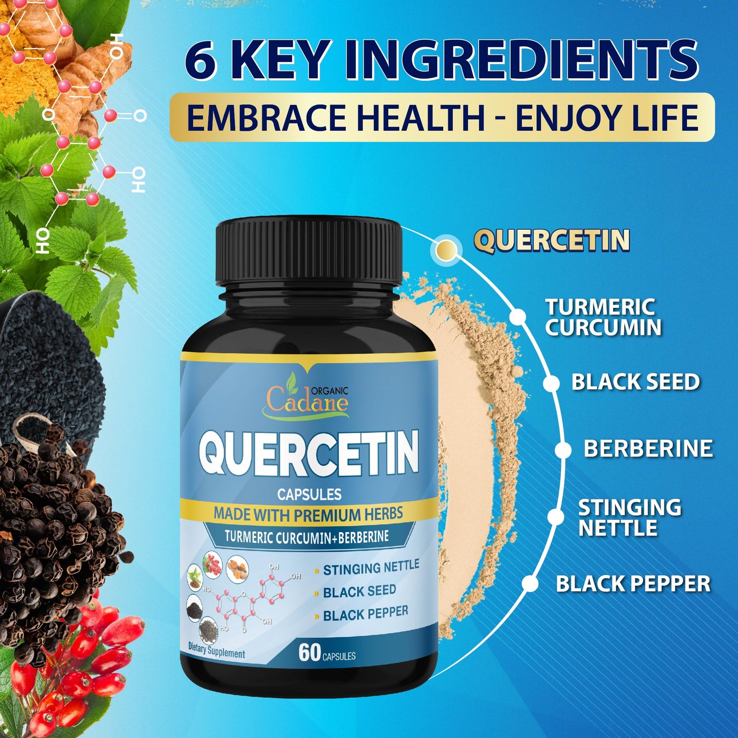 Organic Cadane Quercetin Supplements Capsules, 6in1 with Turmeric, Berberine, Stinging Nettle, Black Seed, Black Pepper, 120 Capsules