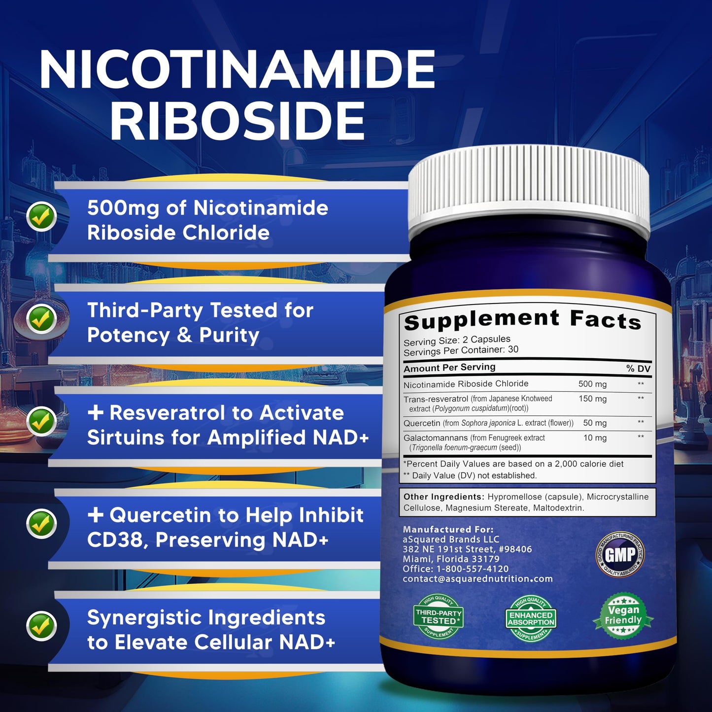 aSquared Nutrition NAD Resveratrol Supplement with NAD+ Nicotinamide Riboside 500mg, Trans-Resveratrol & Quercetin, Capsule, 60 Count