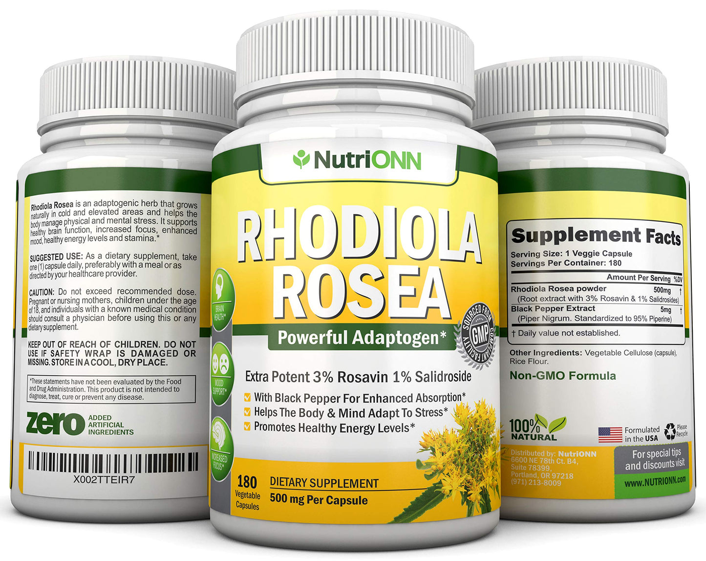 NutriONN Rhodiola Rosea 500mg Capsules 180 Count