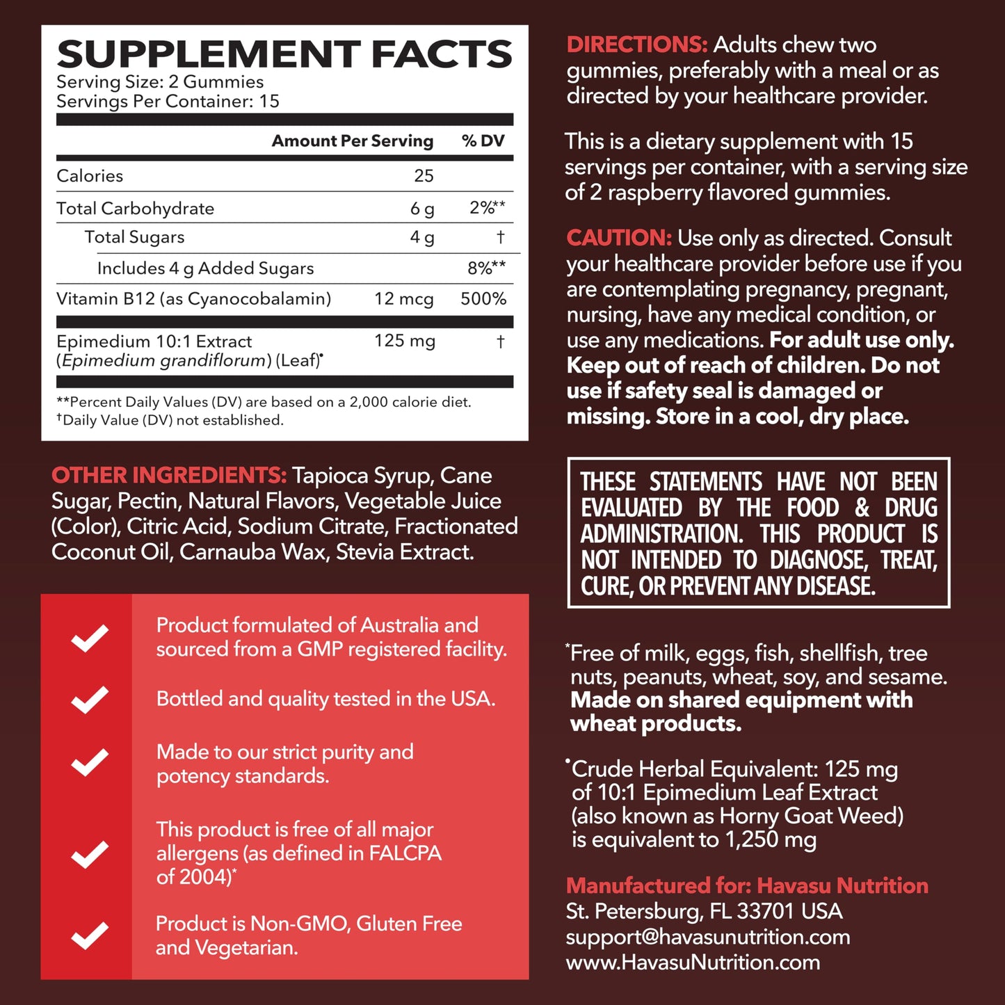 HAVASU NUTRITION Horny Goat Weed Gummies with Vitamin B12, Raspberry Flavor, 30 Count